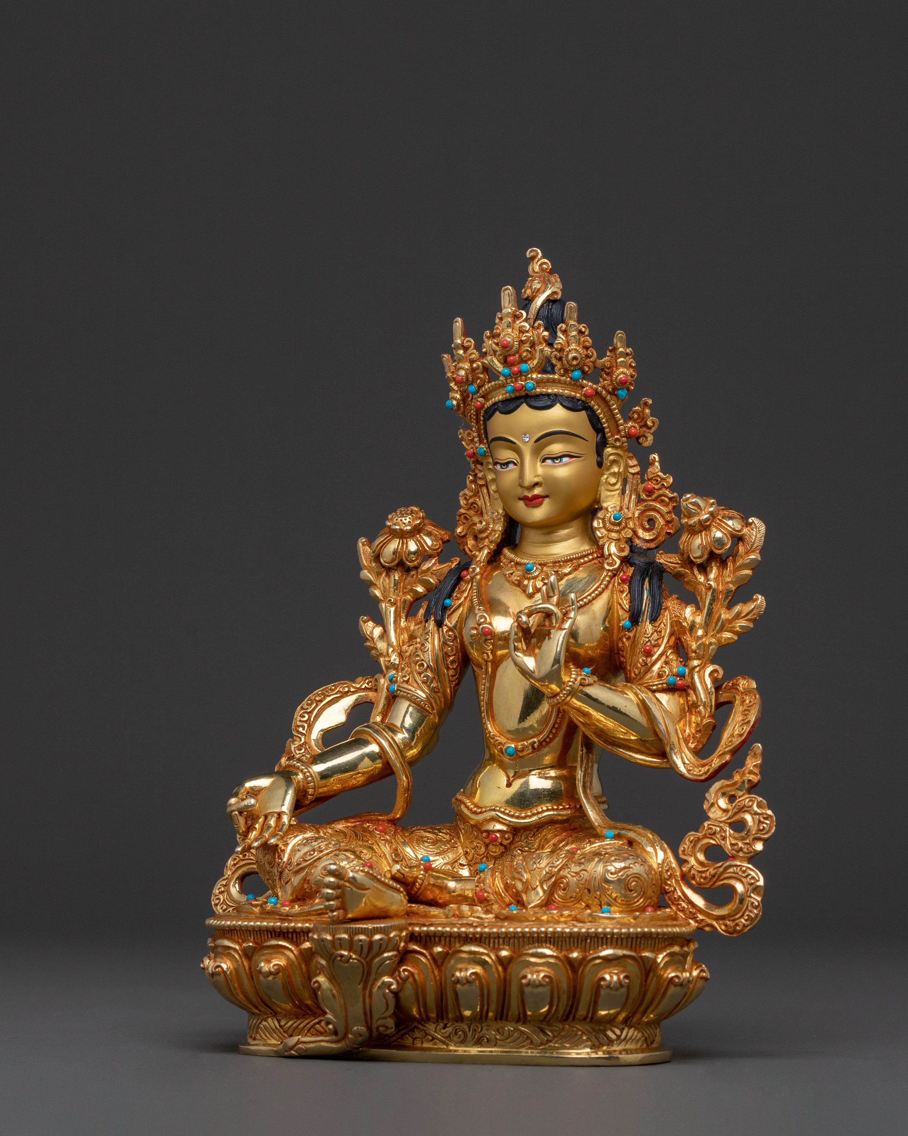 Green Tara Goddess Icon | 24K Gold Gilded Statue