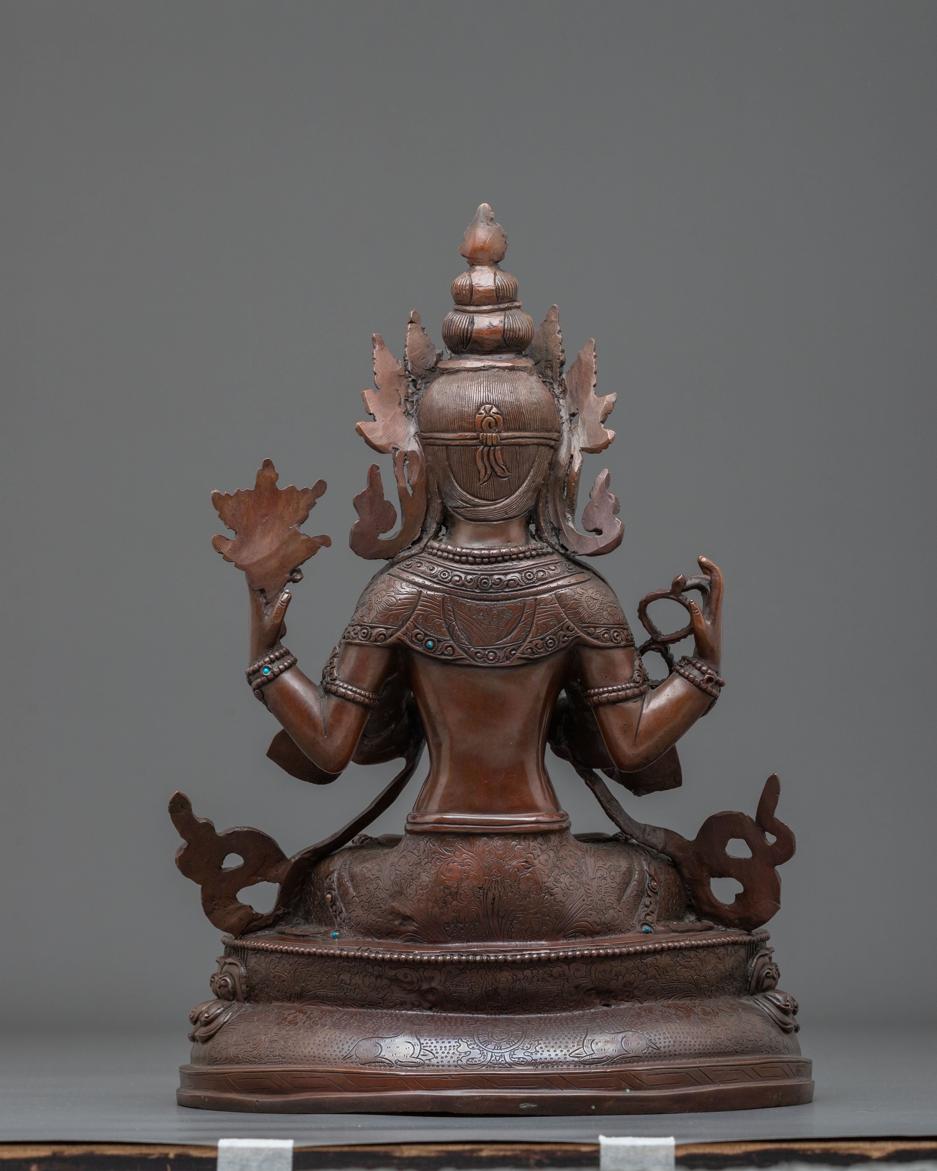 Chenrezig Oxidized Copper Statue Adorned with Gemstones