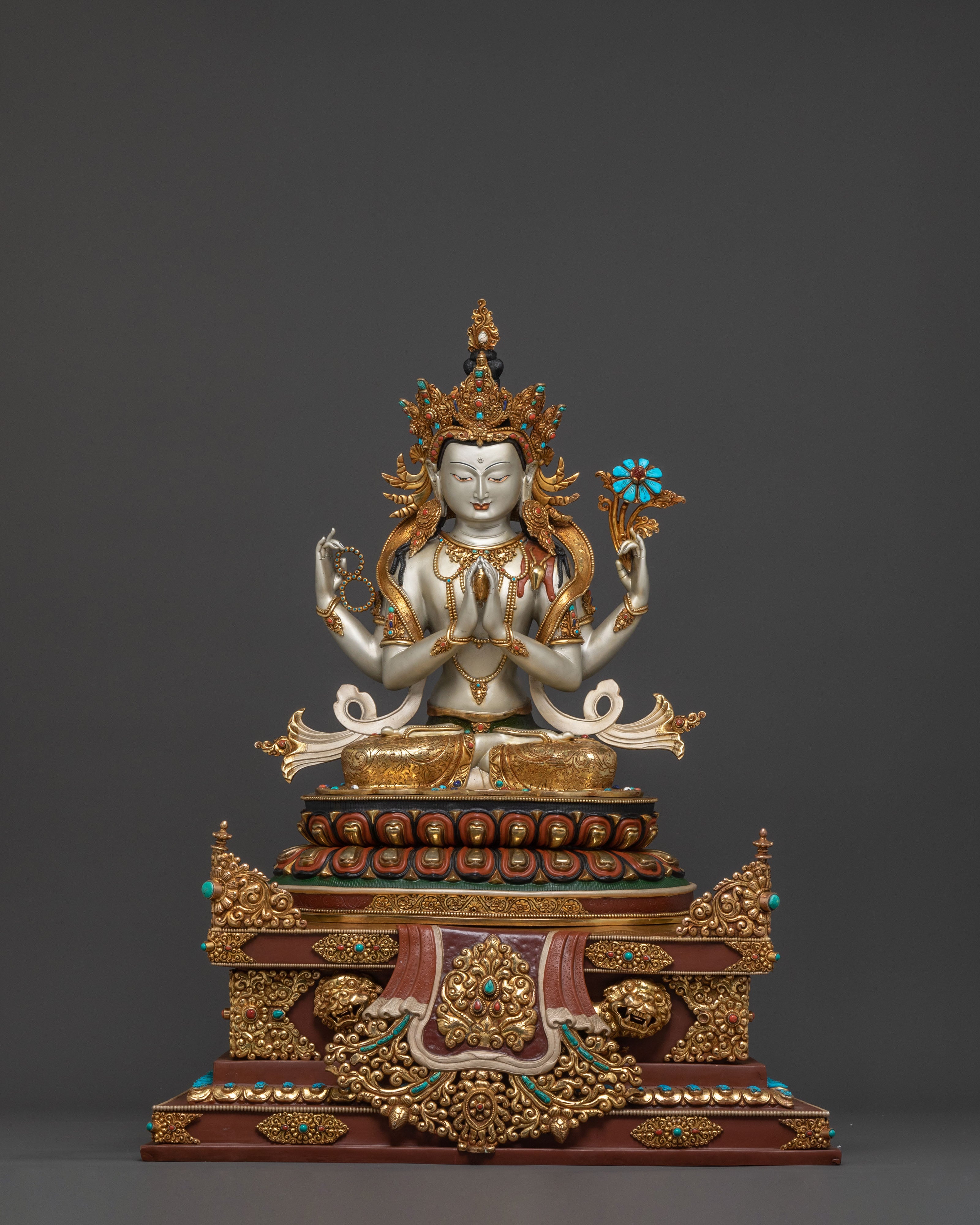 Majestic Chenrezig on Throne Statue with 24k Gold Glided and  Gemstones Inlays
