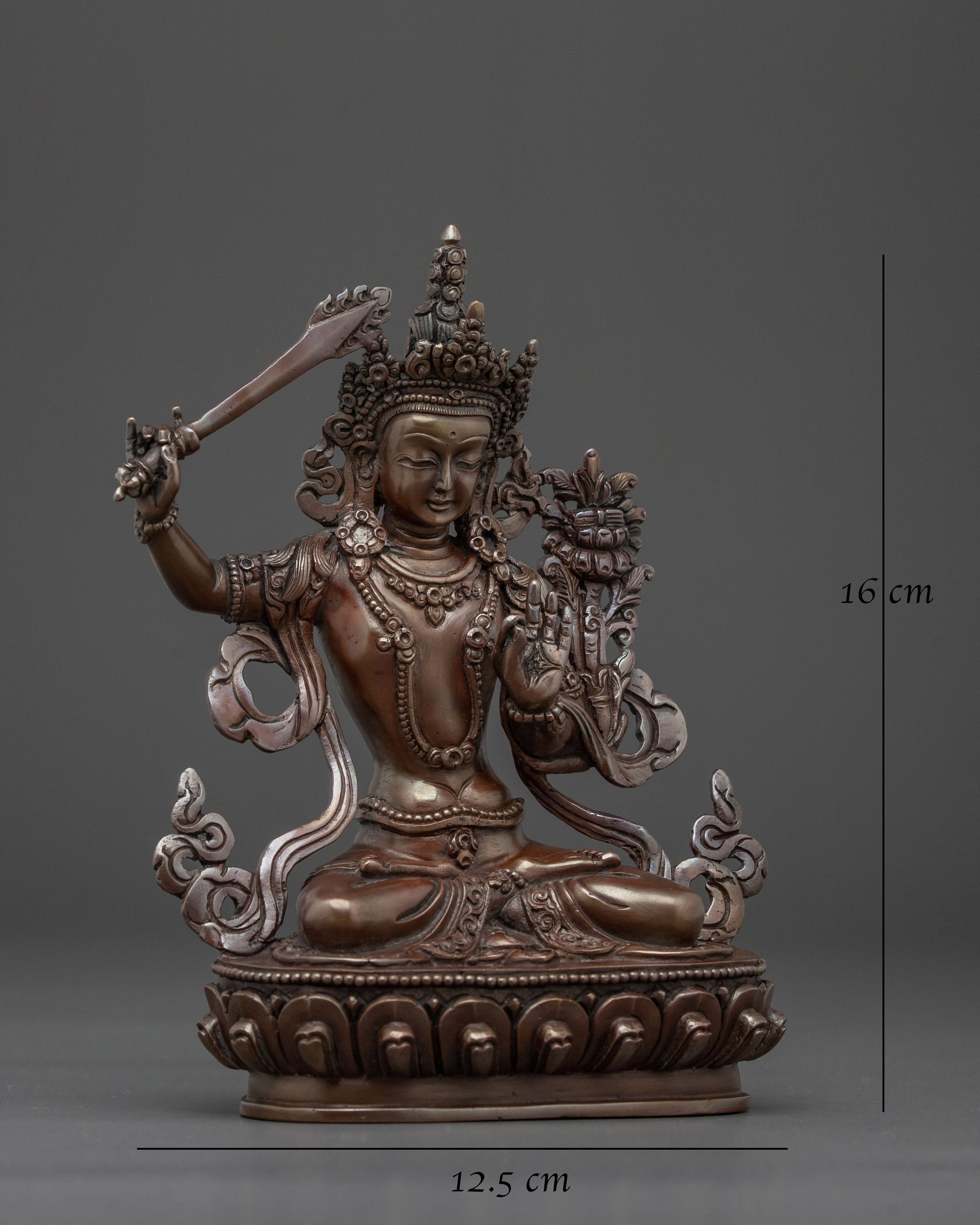 Manjushri Tibetan Buddhist Sculpture in Oxidized Copper
