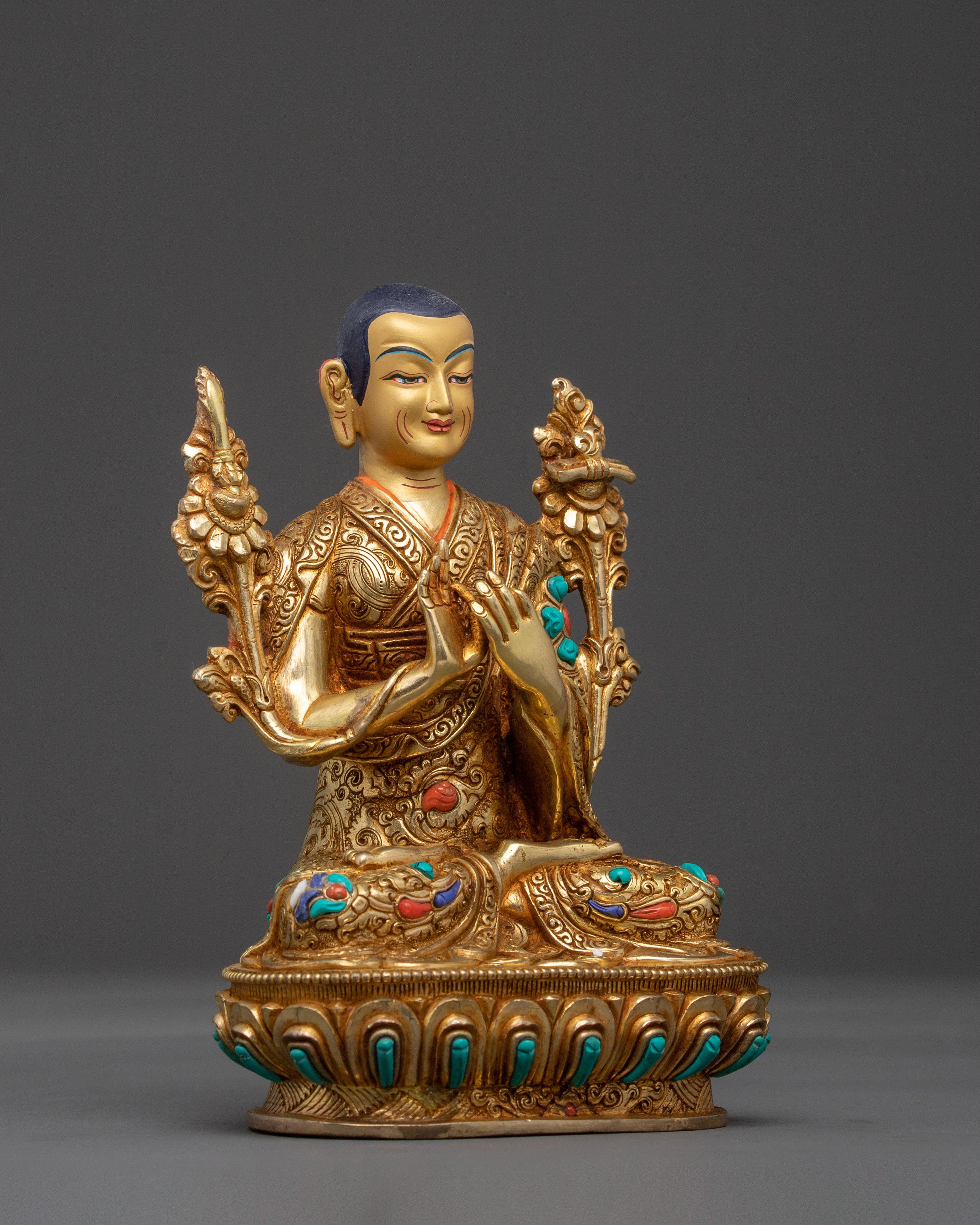 Tsongkhapa Set 24K Gold Gilded Copper Statue