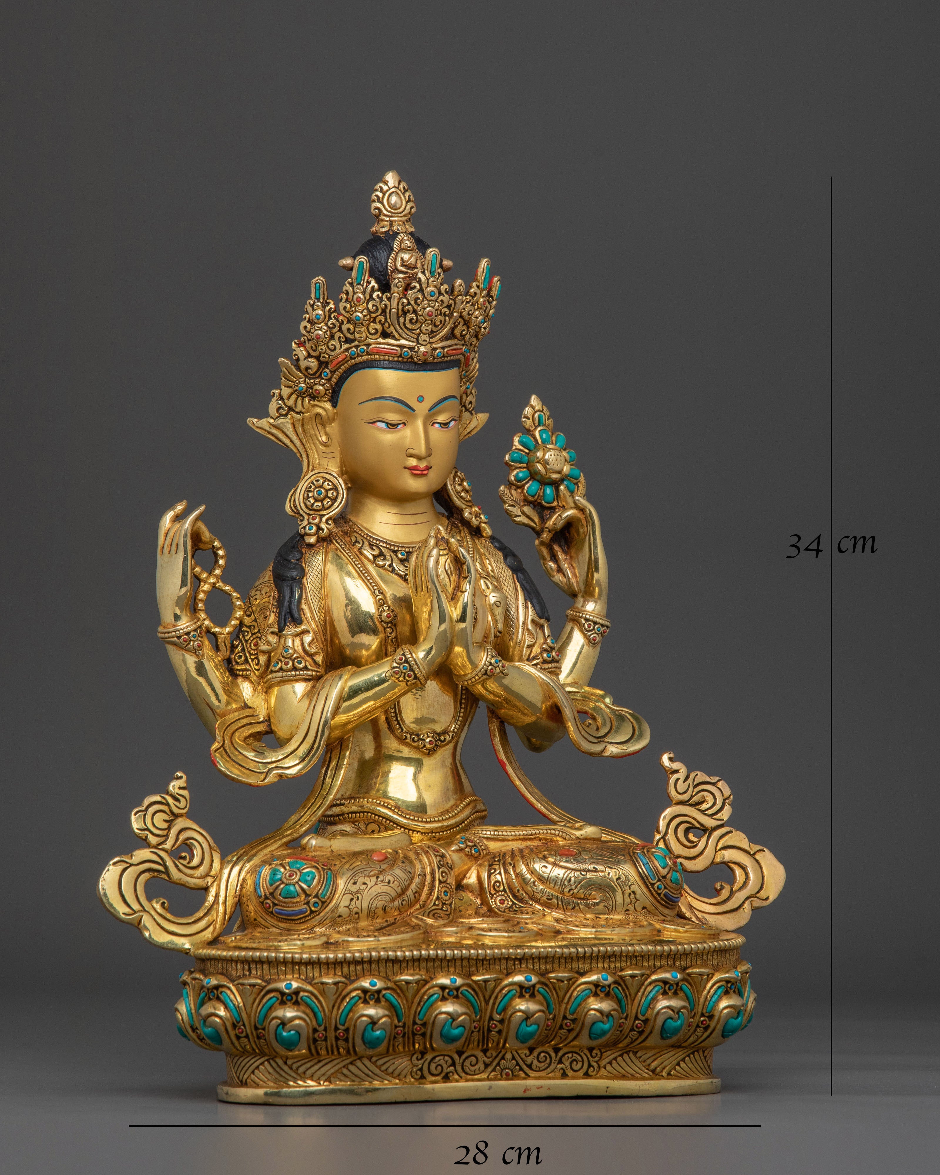 Handcrafted Himalayan Chenrezig Statue with 24K Gold and Fine Gemstones