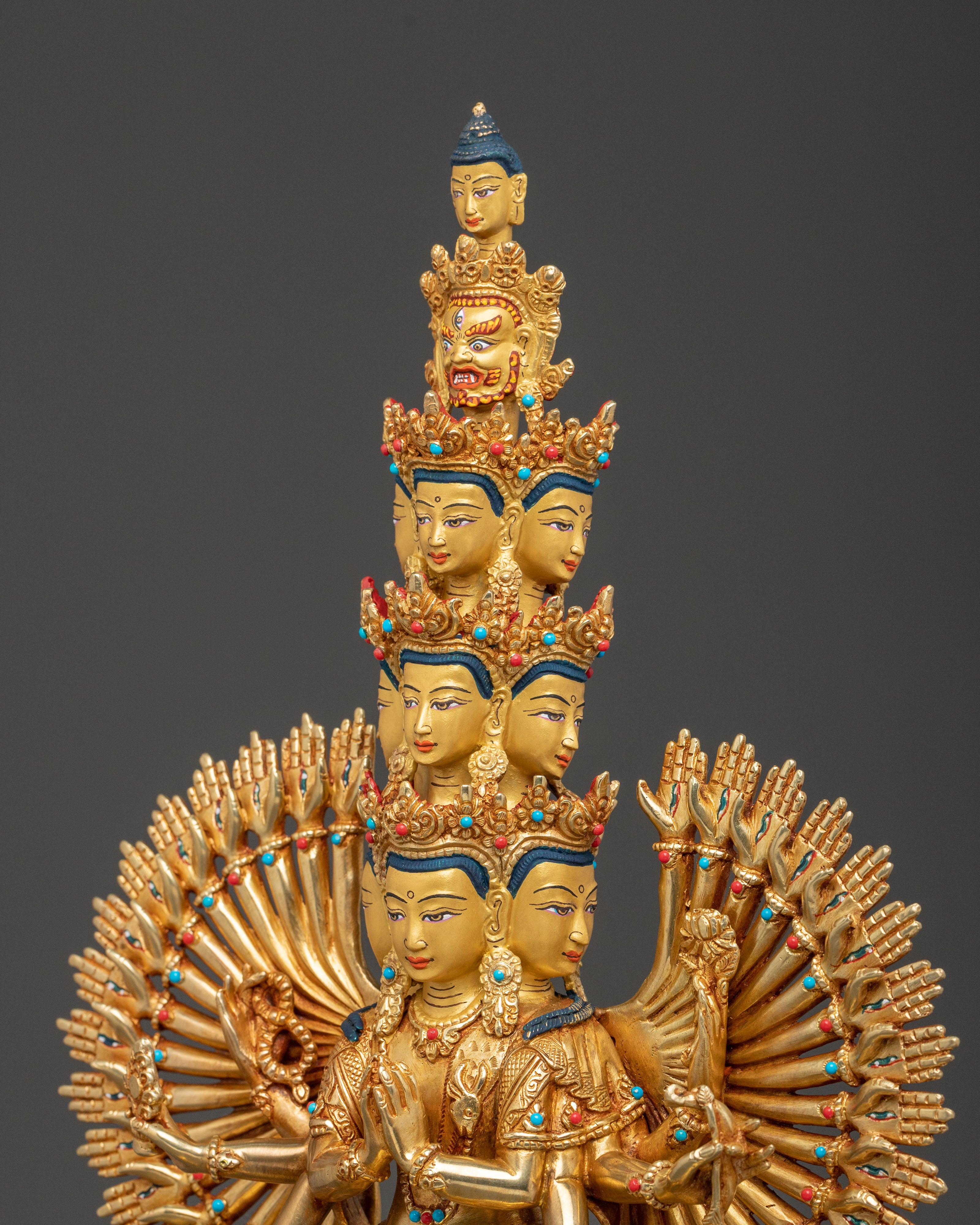 1000 Armed Chenrezig Statue | 24k Gold Glided with Gemstone Inlay