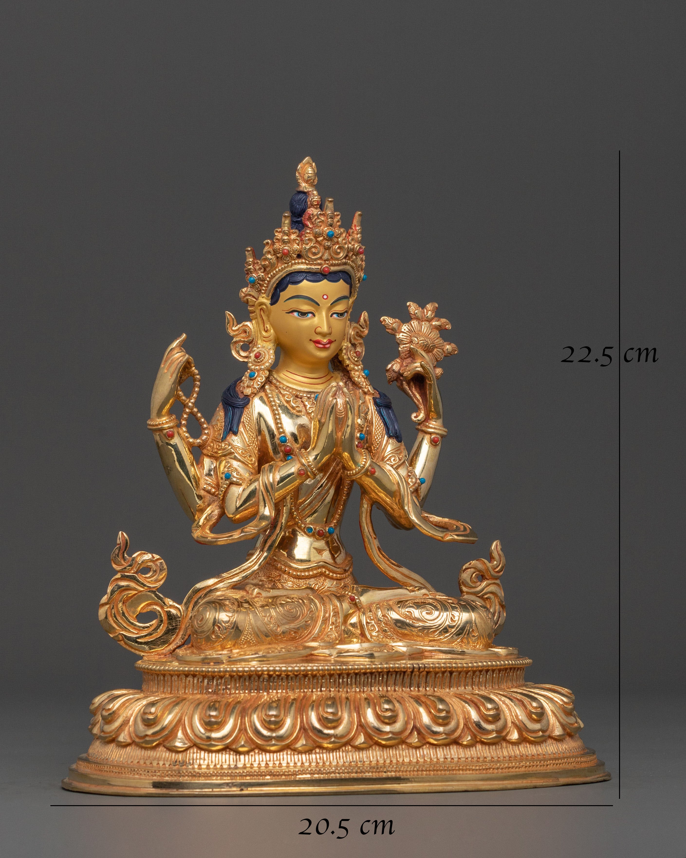 Four Armed Chenrezig Sacred Statue in Shimmering 24K Gold