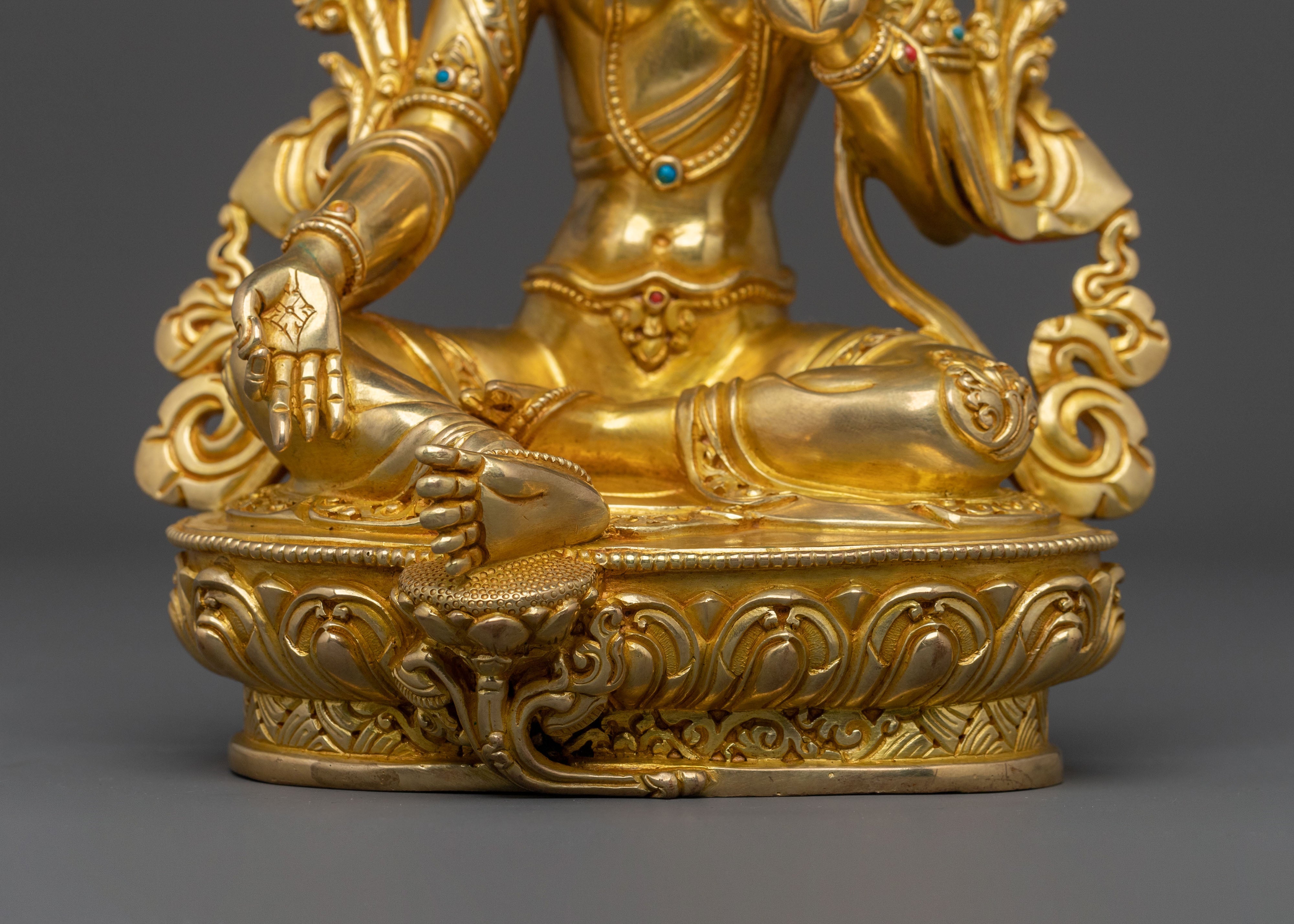 Handcrafted Green Tara Figure with 24K Gold Gilding