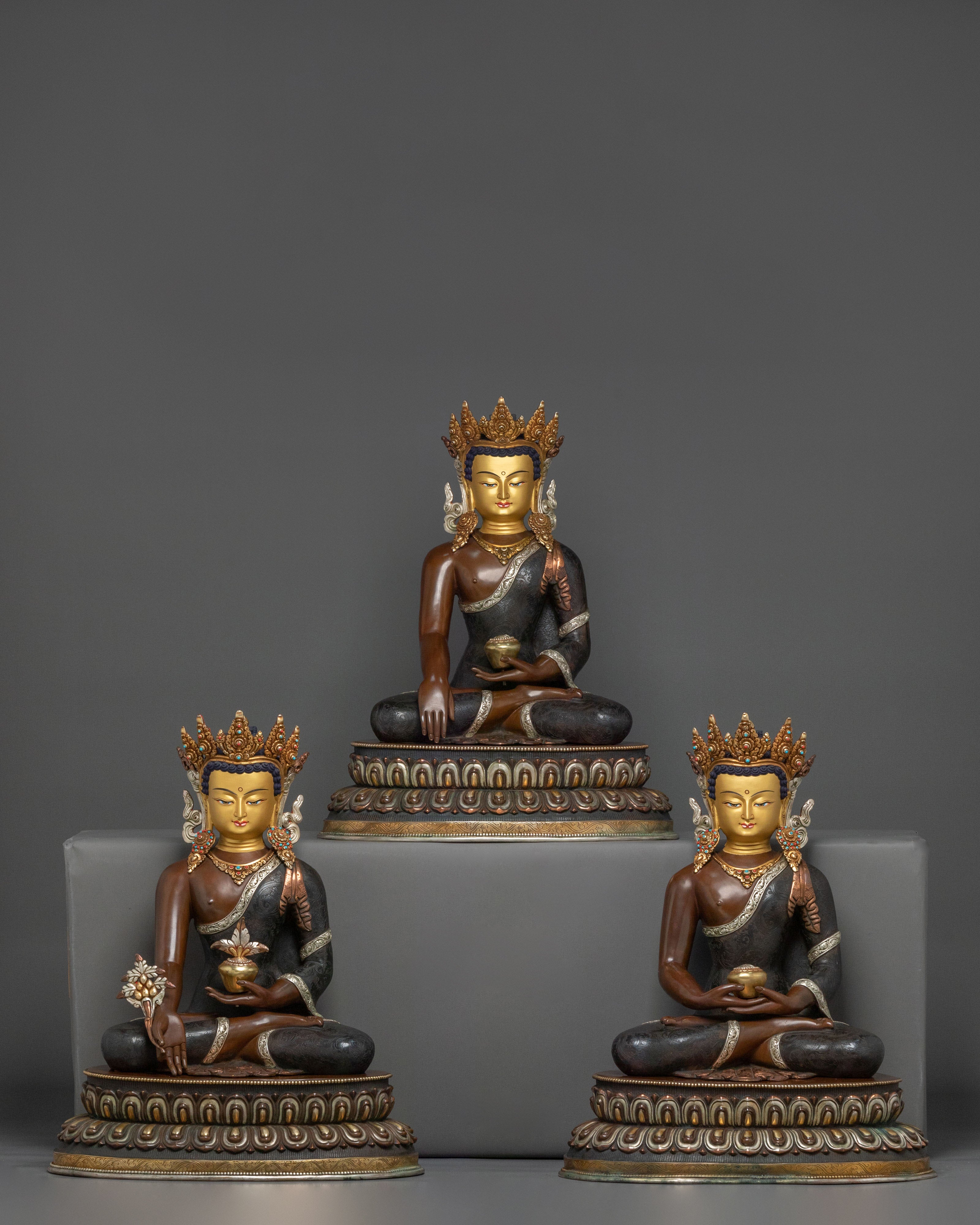 Three Buddhas Sacred Statues Collection | Traditional Buddhist Sculpture Set