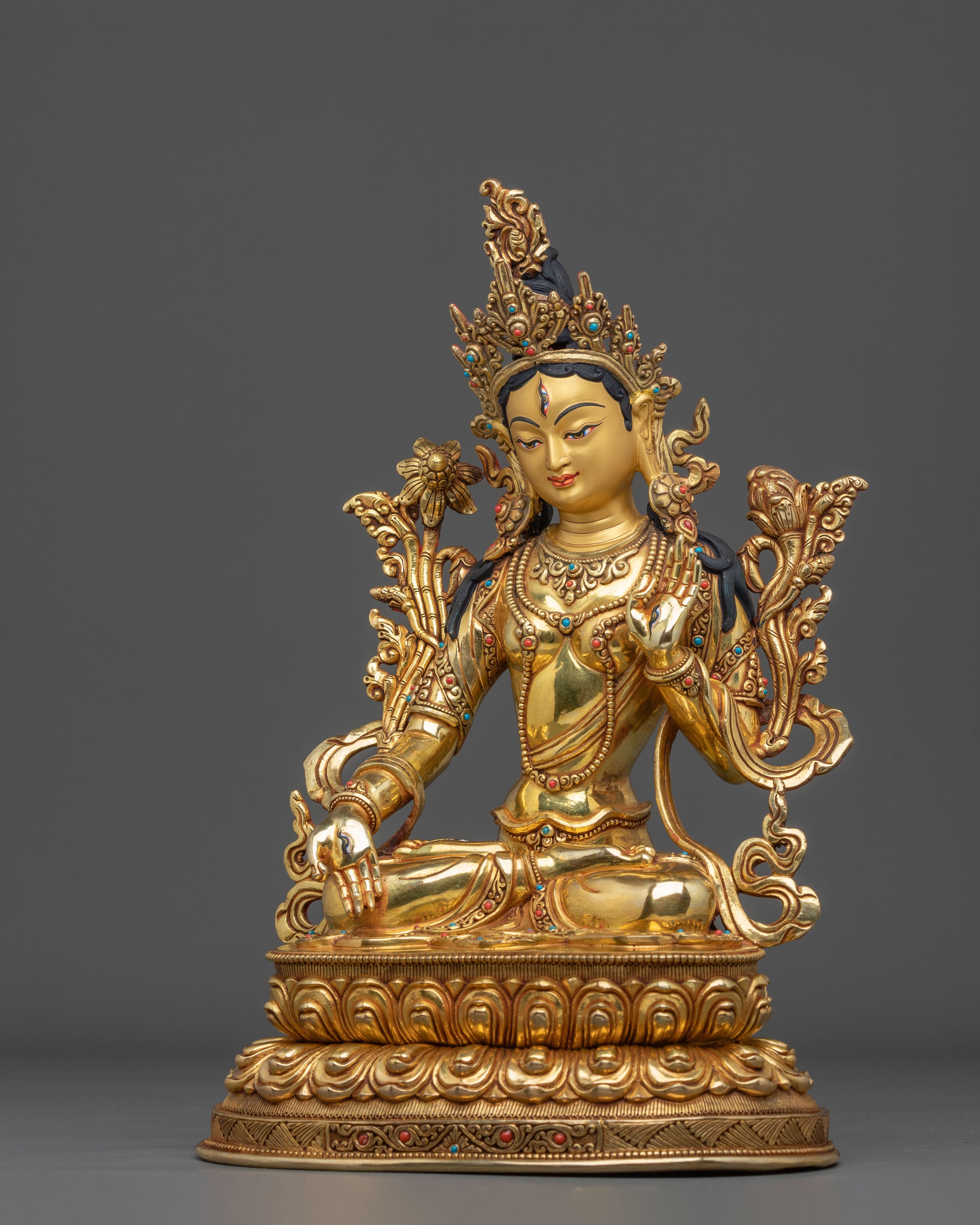White Tara Longevity Meditation Shrine Sculpture: 24K Gold Gilded