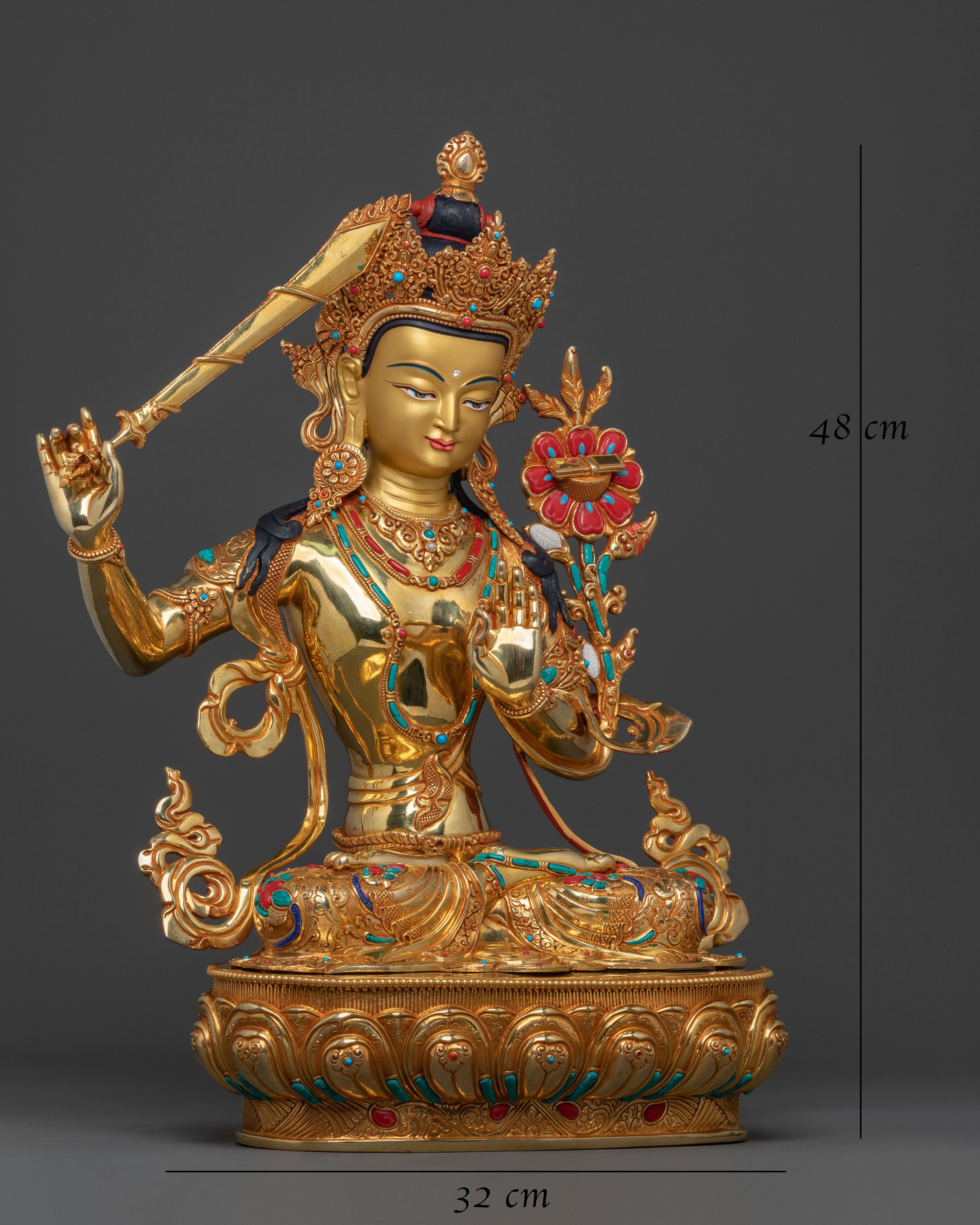 Manjushri: 24K Gold Gilded Buddhist Bodhisattva Manjushri Statue