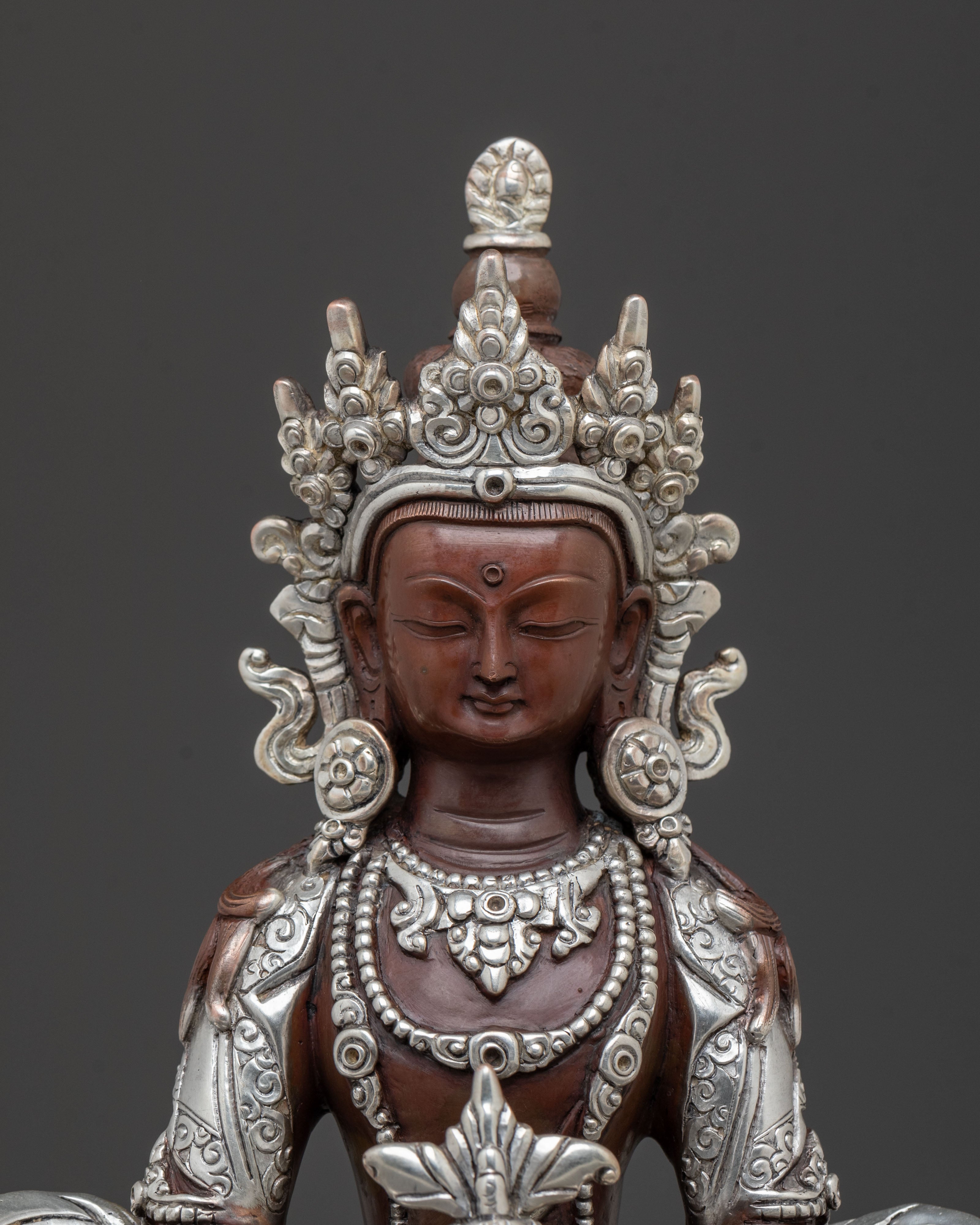 Amitayus Buddhist Statue | Oxidized Copper Statue with Silver Plated