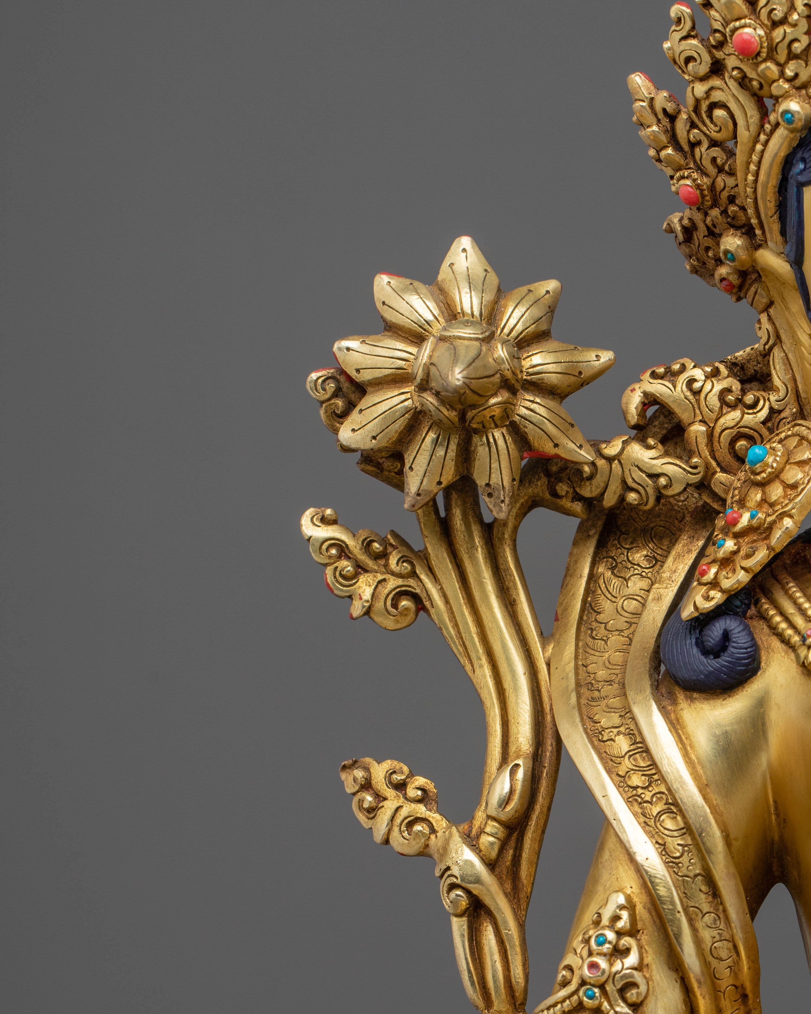 16-Inch Sacred Green Tara 24K Gold Gilded Copper Gemstone Statue