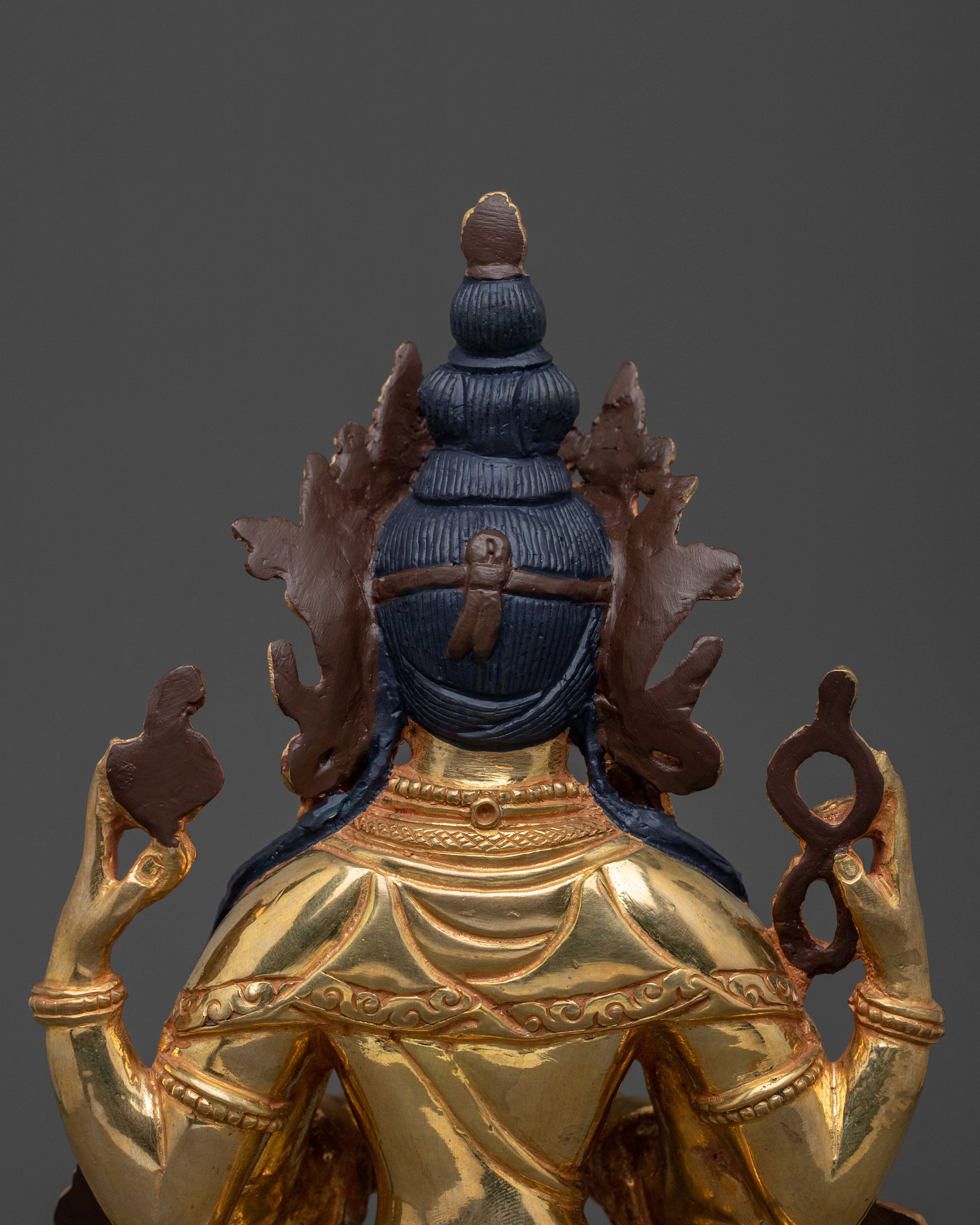 Handmade Four Armed Chenrezig Spiritual Sculpture: 24K Gold Gilded