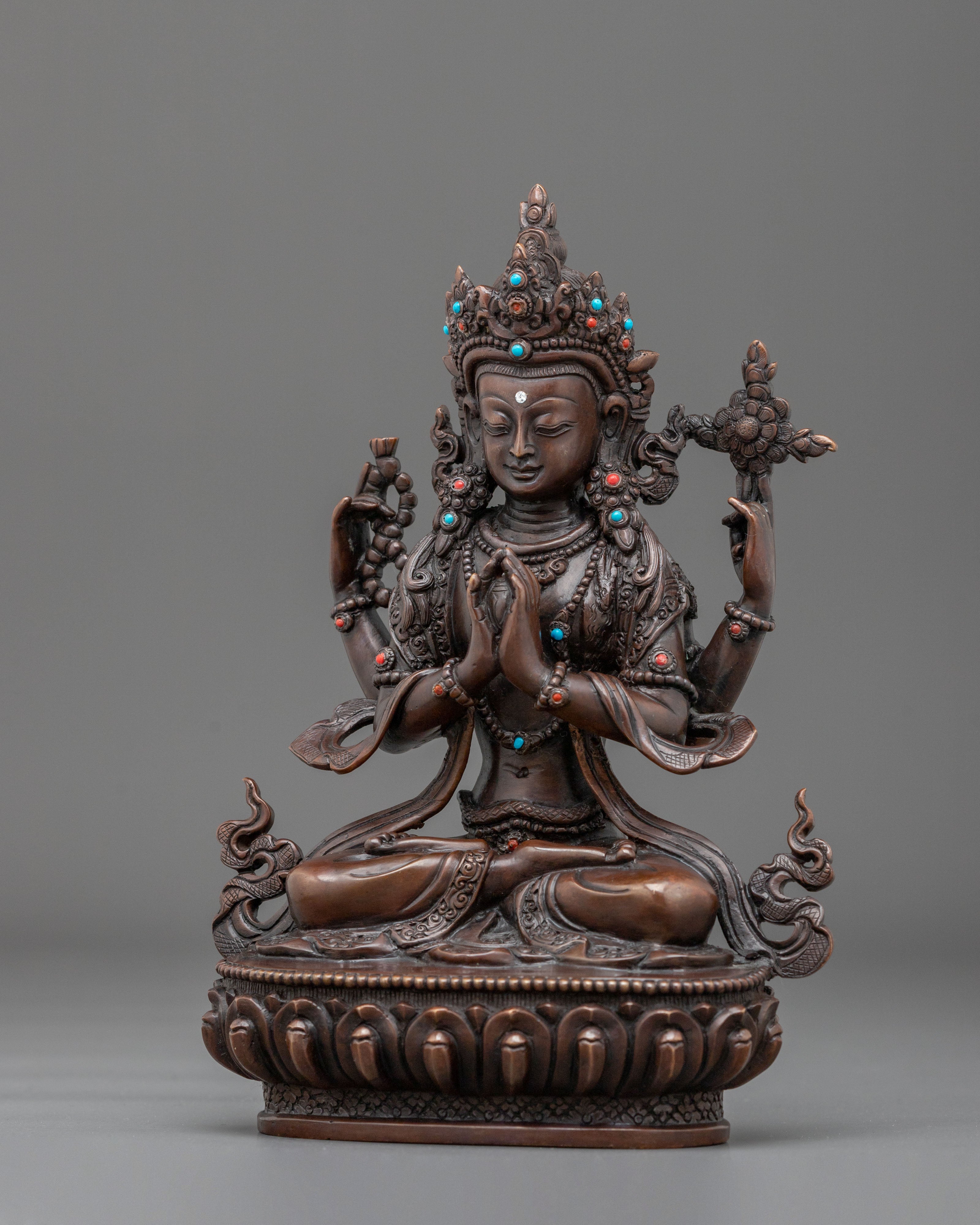 Four-Armed Chenrezig Oxidized Statue | Compassionate Figurine