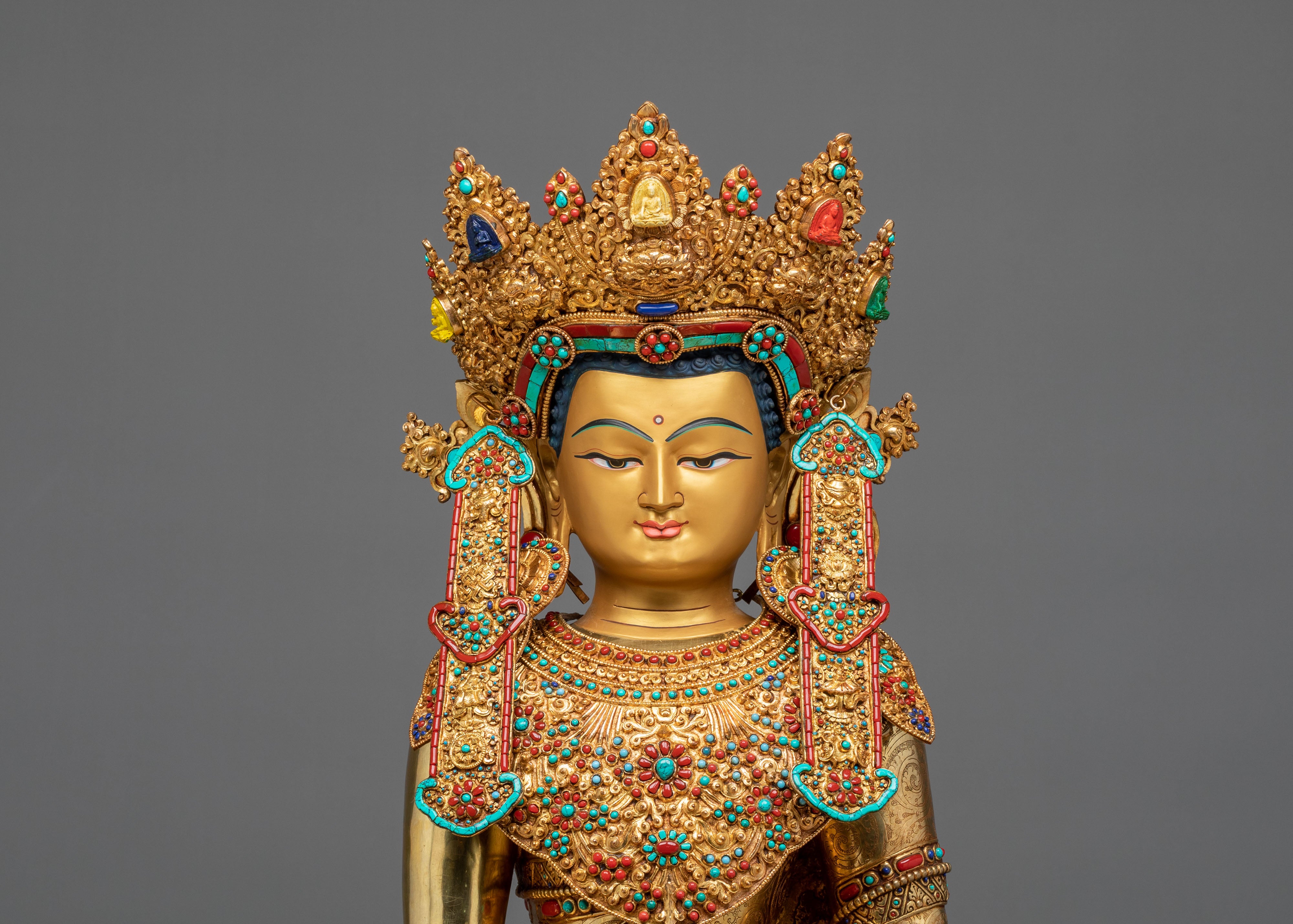 Crown Shakyamuni Buddha on Throne | Exquisite 24K Gilded Figurine