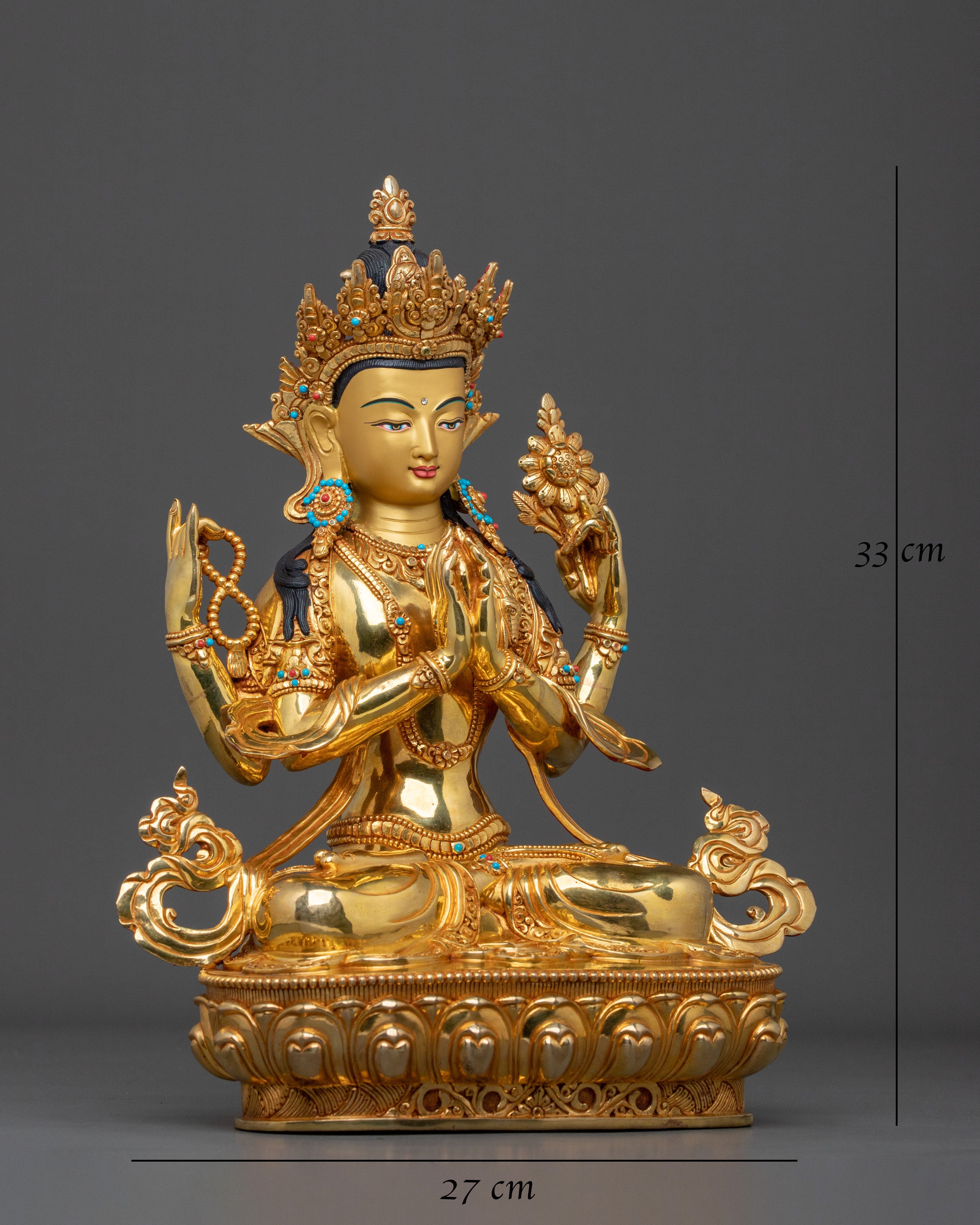 Handcrafted Four Armed Chenrezig Sculpture | Buddhist Protector Deity