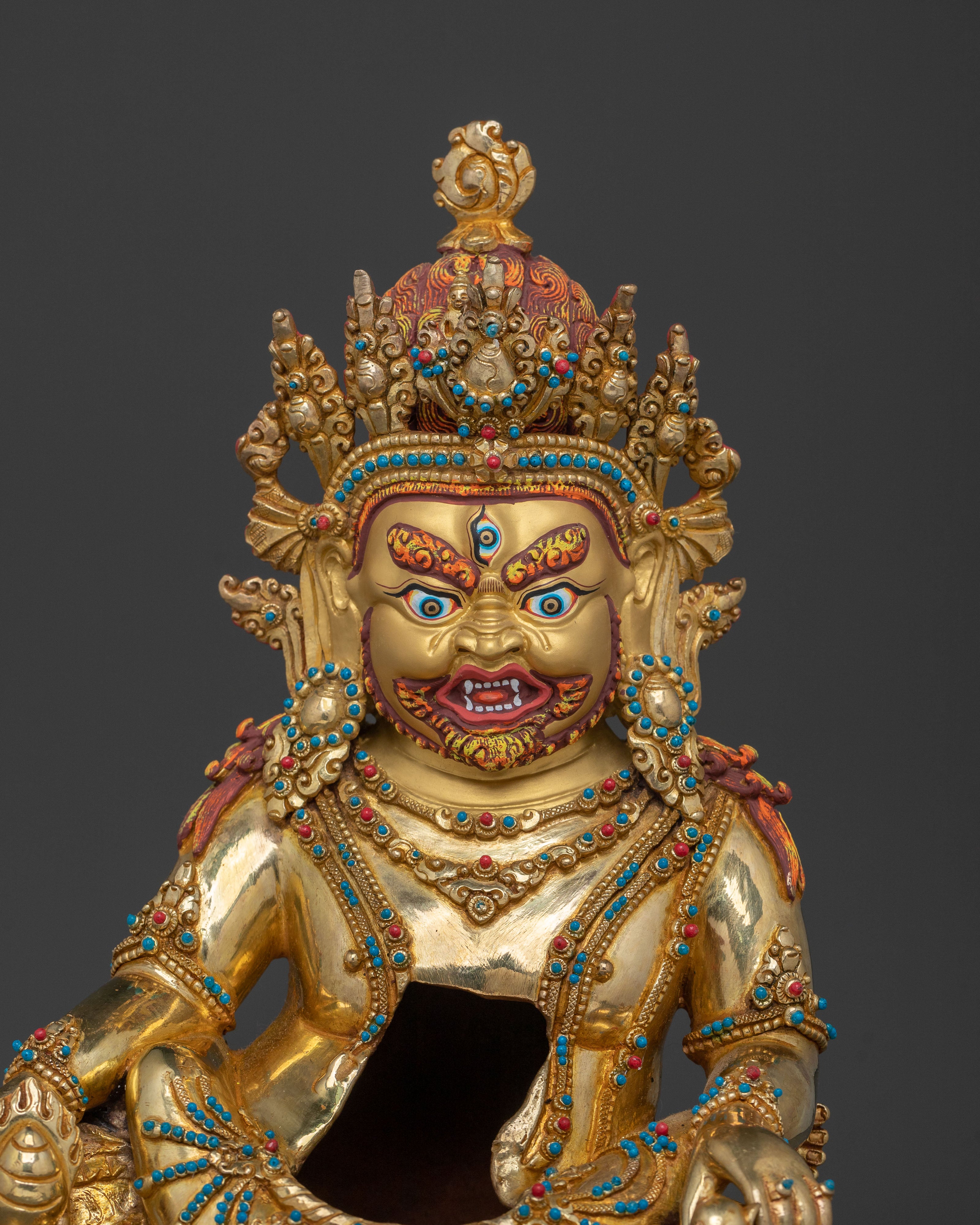 Green Dzambhala 24k Gold Glided Copper Statue | Buddhist Wealth Deity