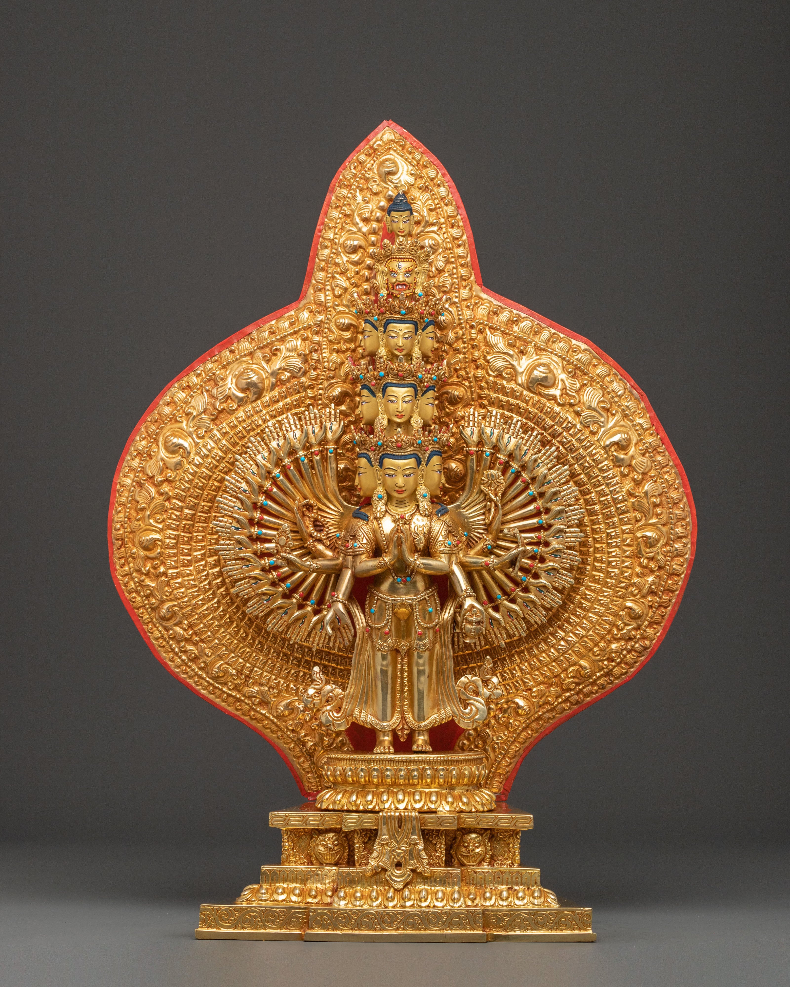 1000 Armed Chenrezig Statue | 24k Gold Glided with Gemstone Inlay