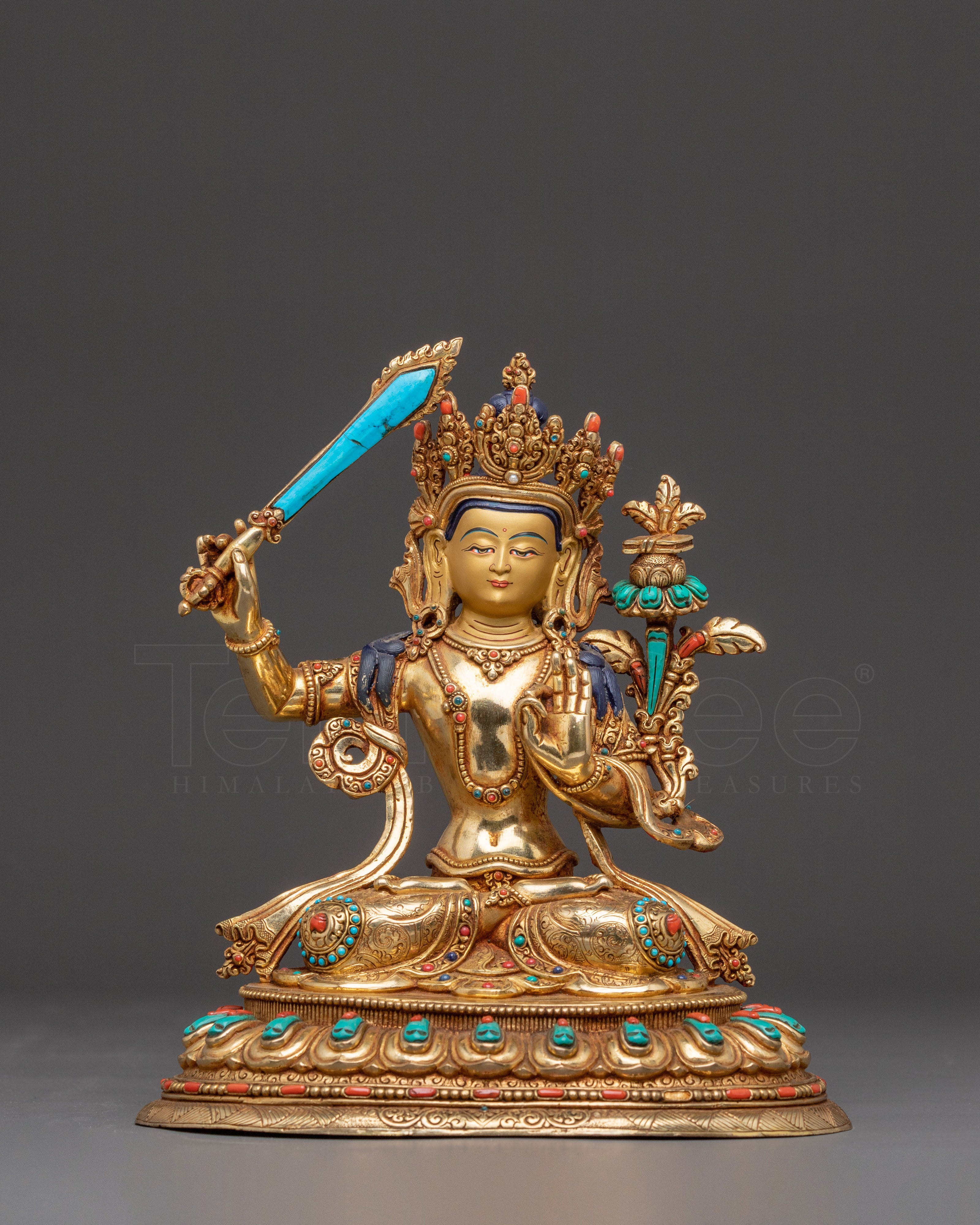 Tibetan Manjushri Wisdom Deity Statue | 24K Gold Gilded Statue