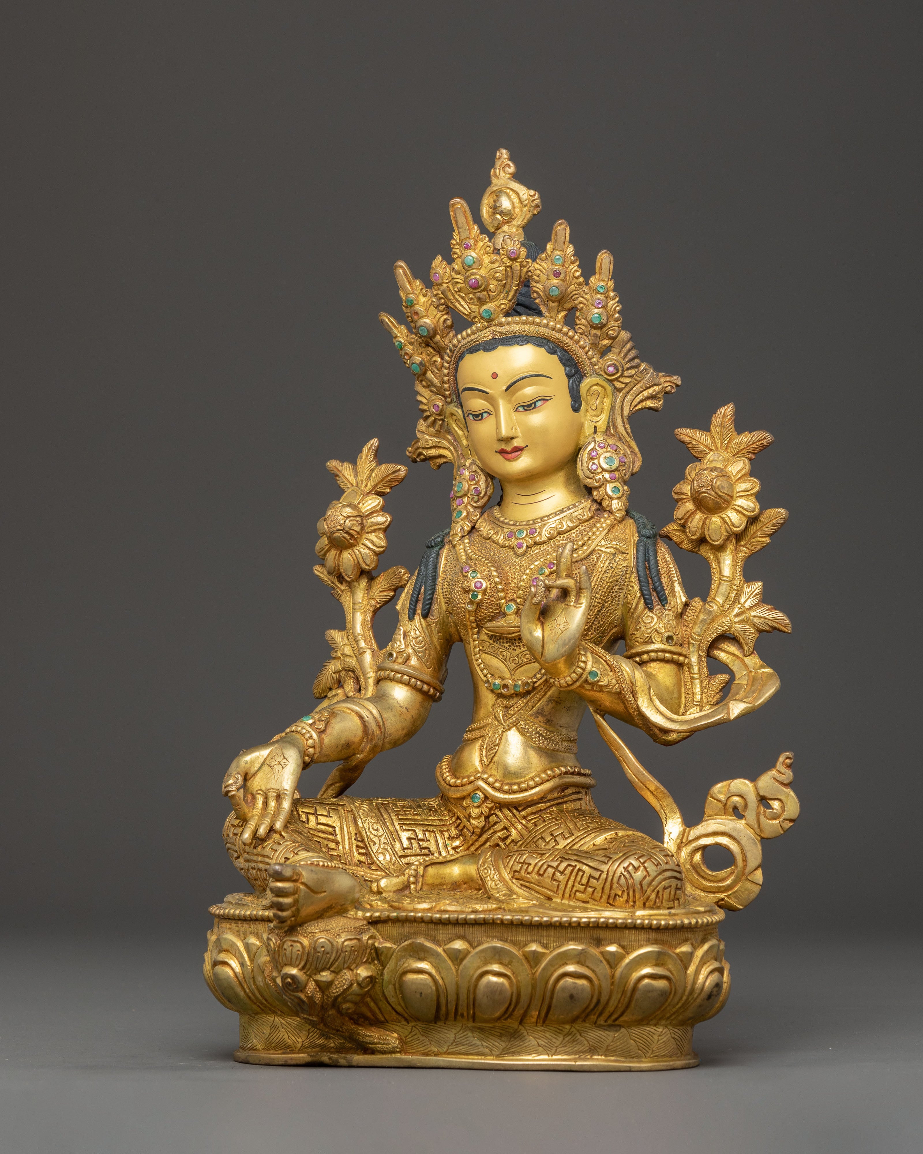 Handmade Green Tara Copper Body Statue | Spiritual Decor