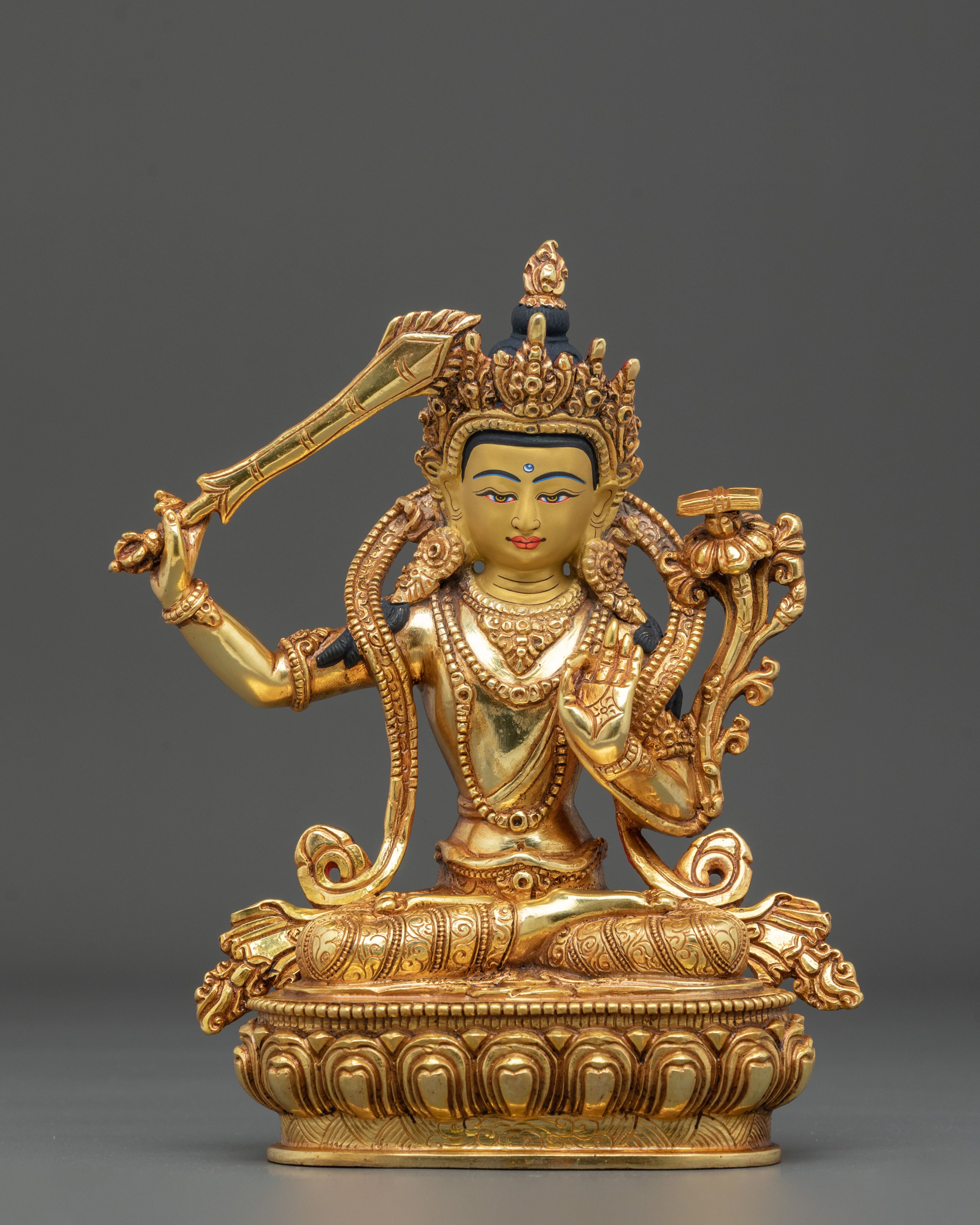 Manjushri Wielder of Wisdom Sword Statue in 24K Gold
