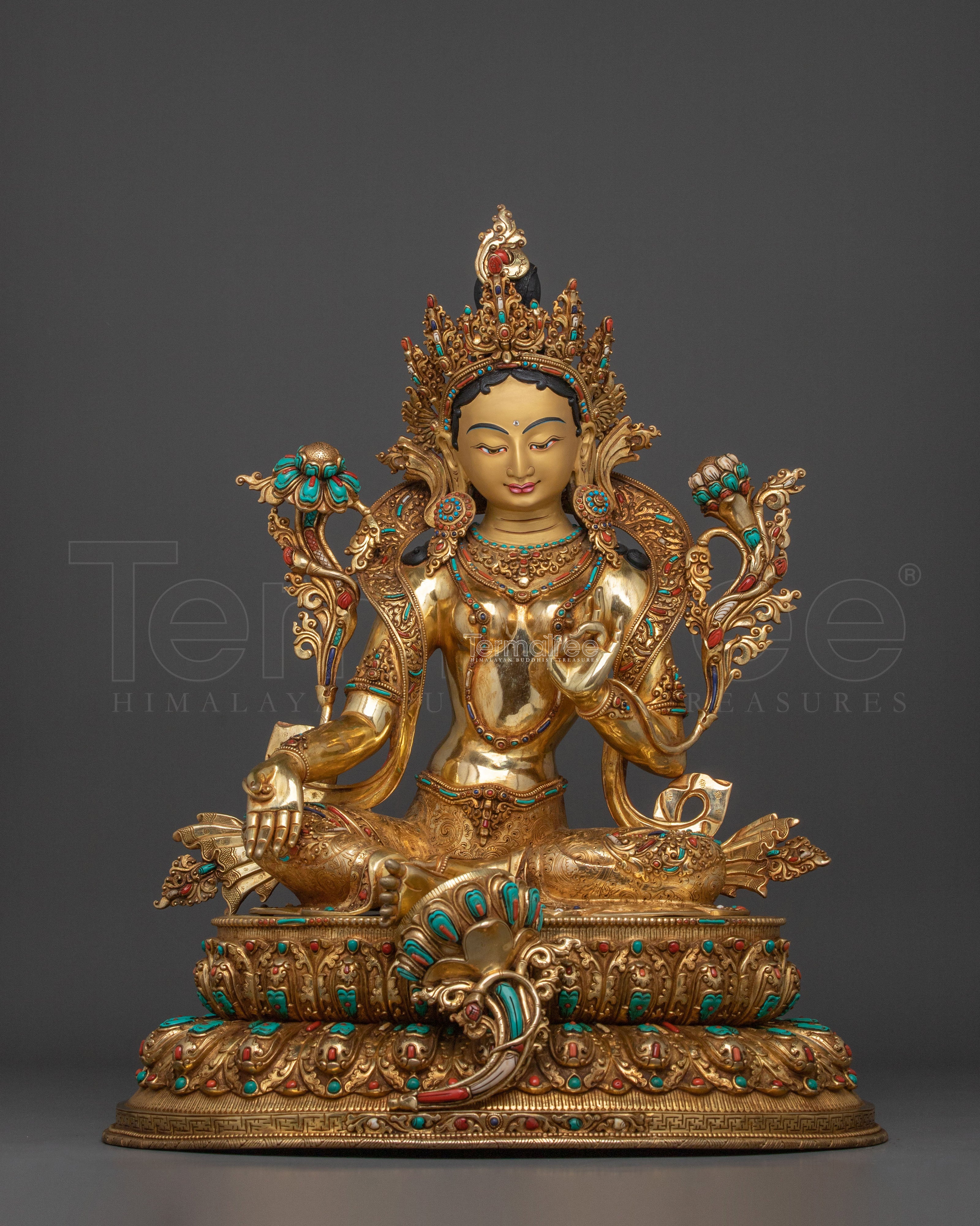 Goddess of Compassion: Green 24K Gold Glided Tara Statue