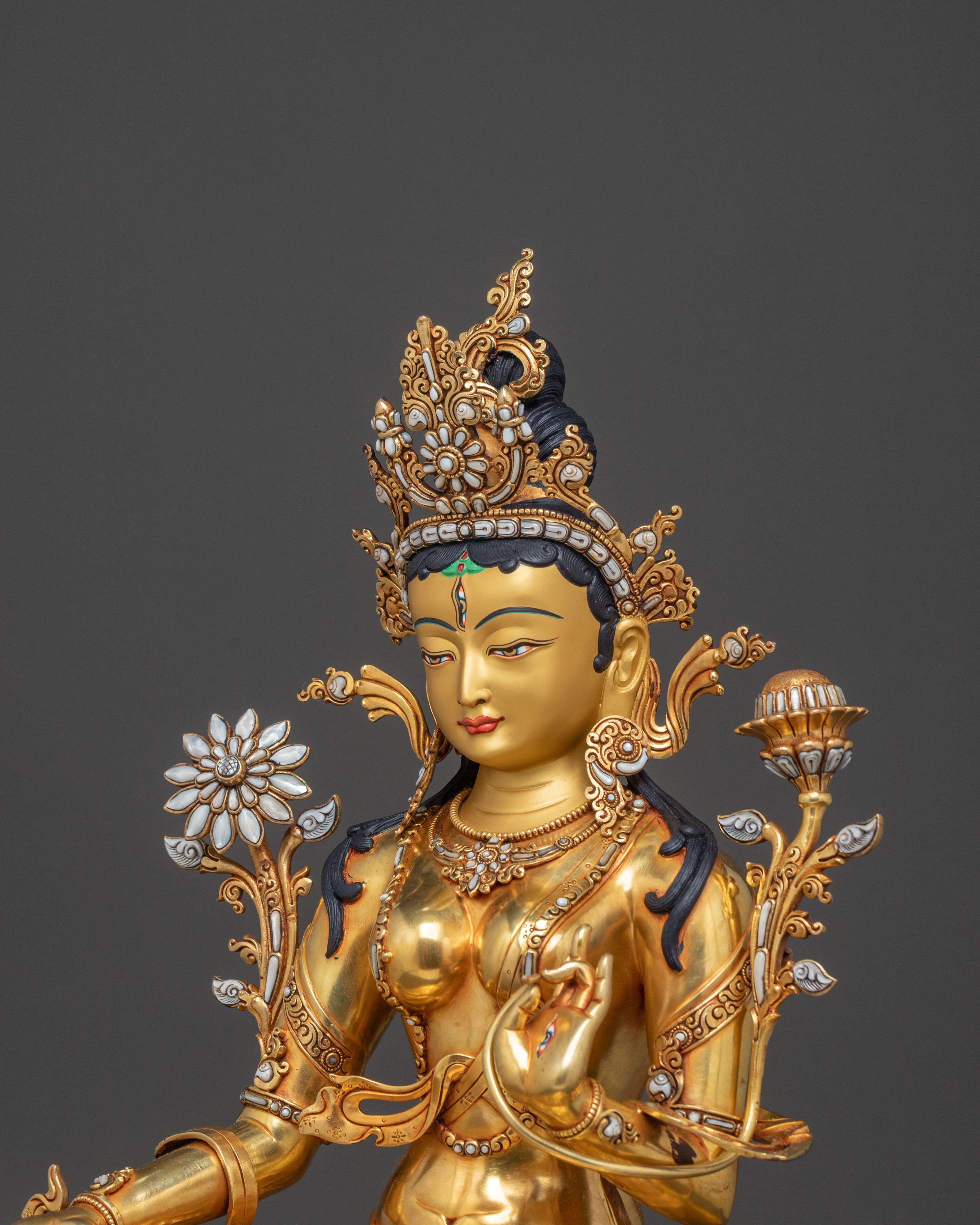 Exquisite 24K Gold Gilded White Tara Statue Seated on Throne