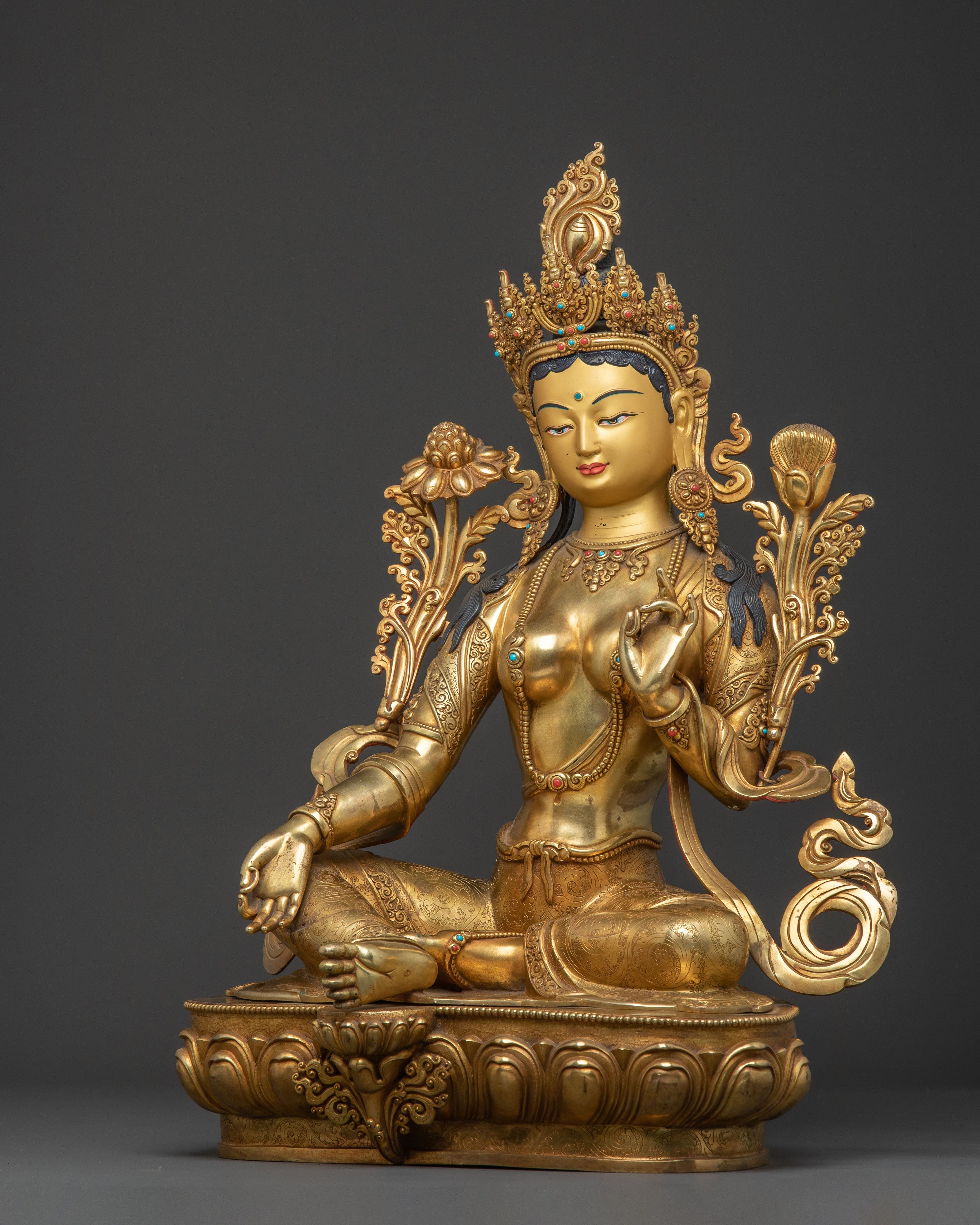 Sacred Green Tara Altar Statue – Hand-Gilded Copper