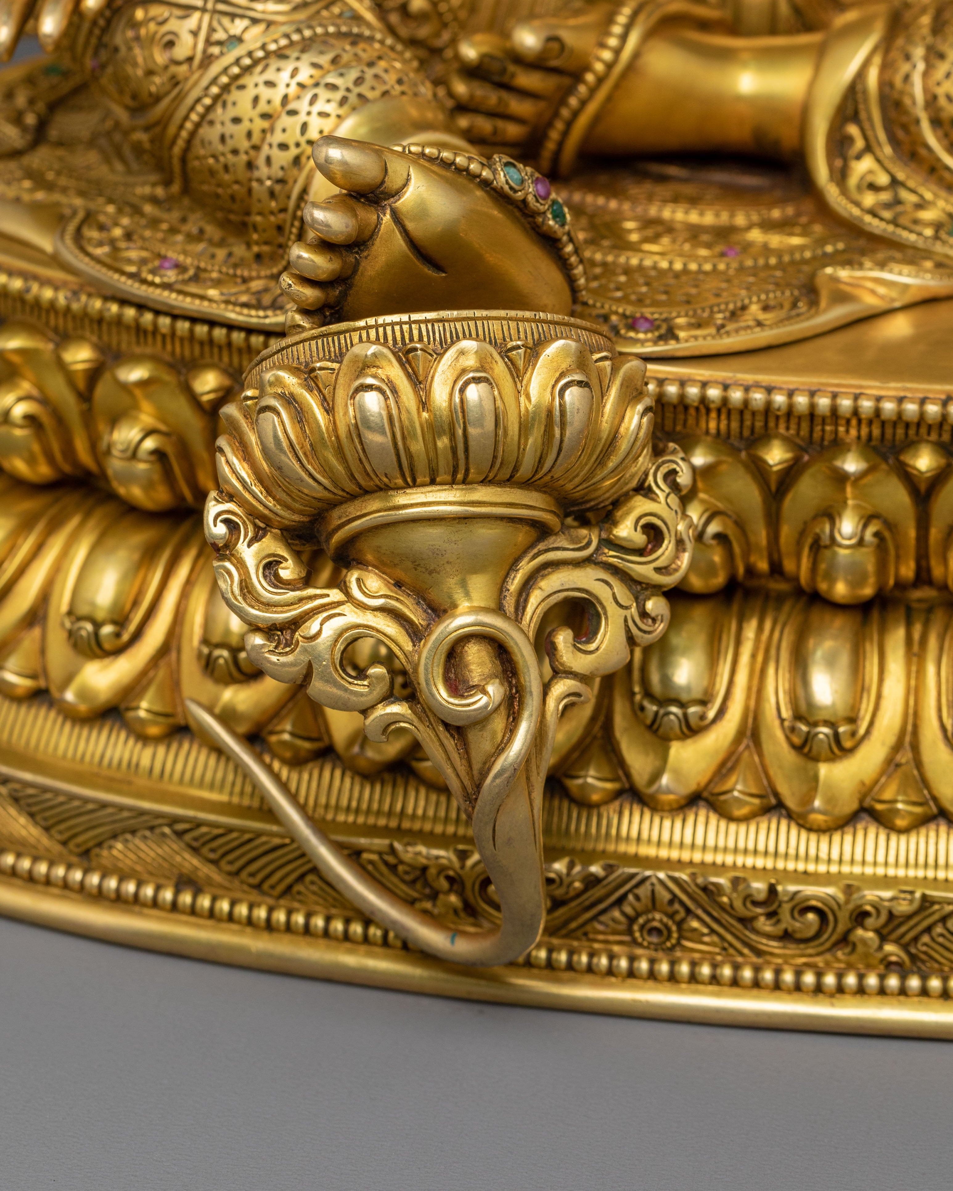 Tibetan Goddess Sculpture of Green Tara | 24K Gold Gilded Compassion Statue