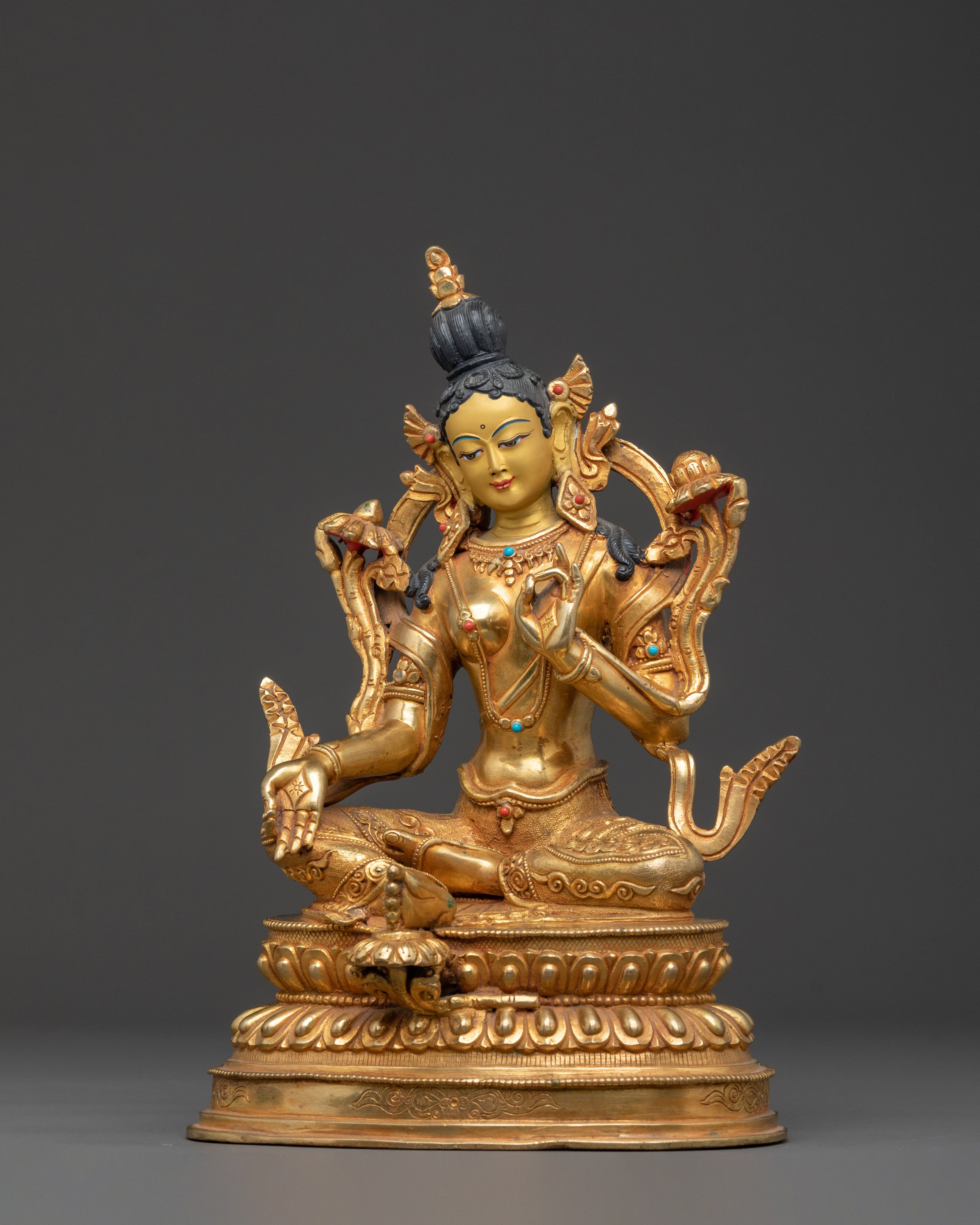 Green Tara 24K Gold Gilded Statue for Rituals