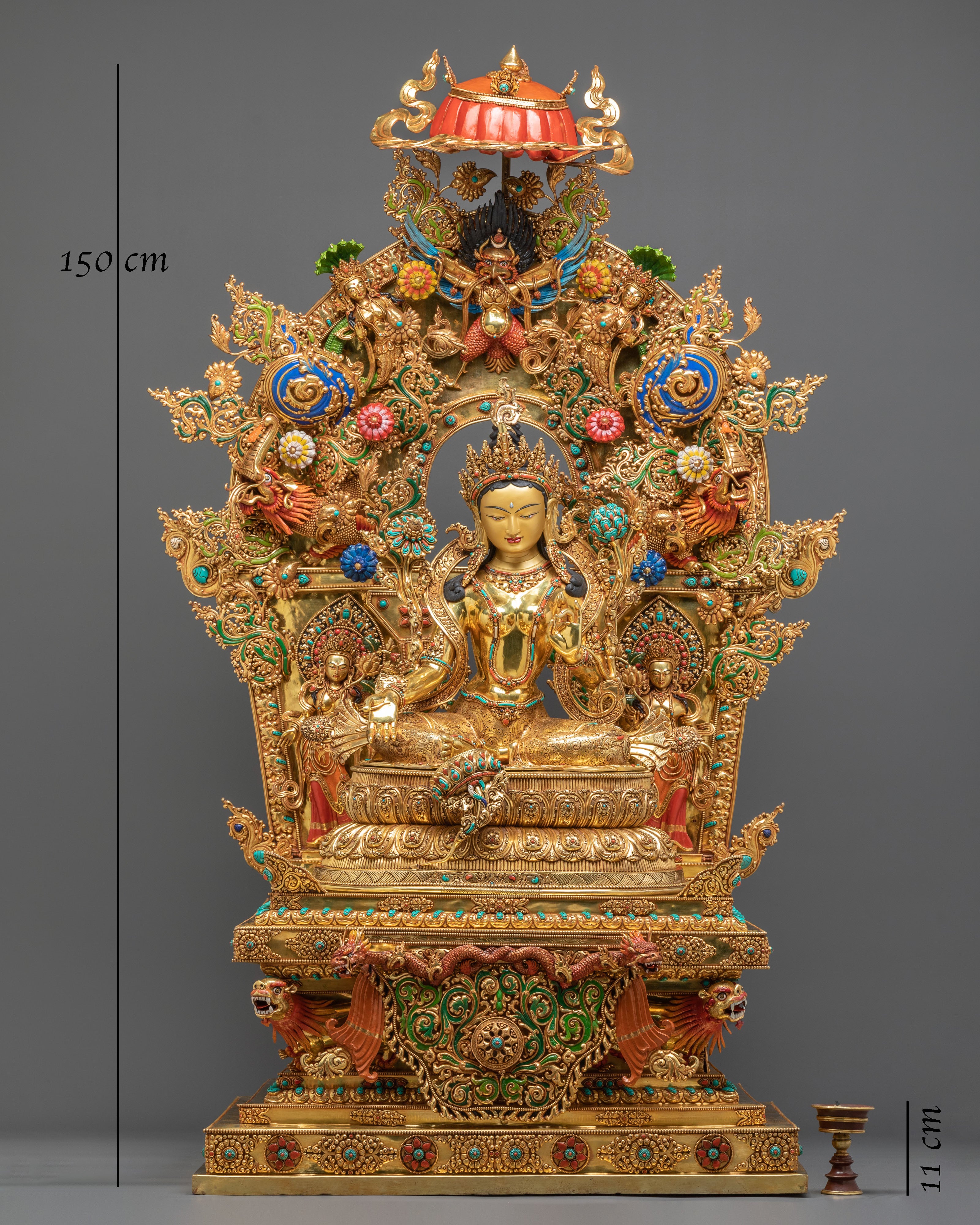 Green Tara Figurine on Throne | Buddhist Goddess Copper Statue