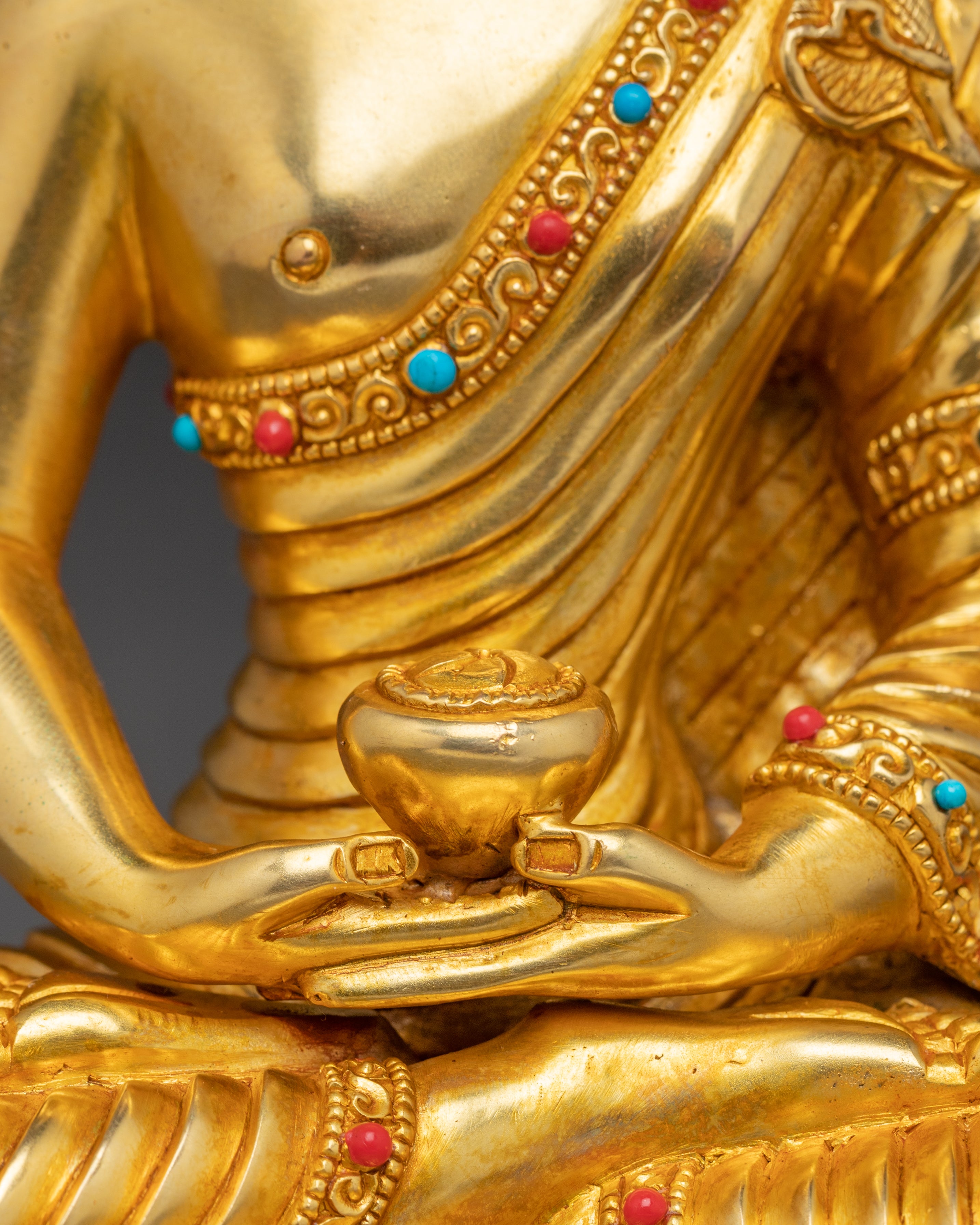 Himalayan Handmade Three Buddha Statue Set: 24K Gold Gilded