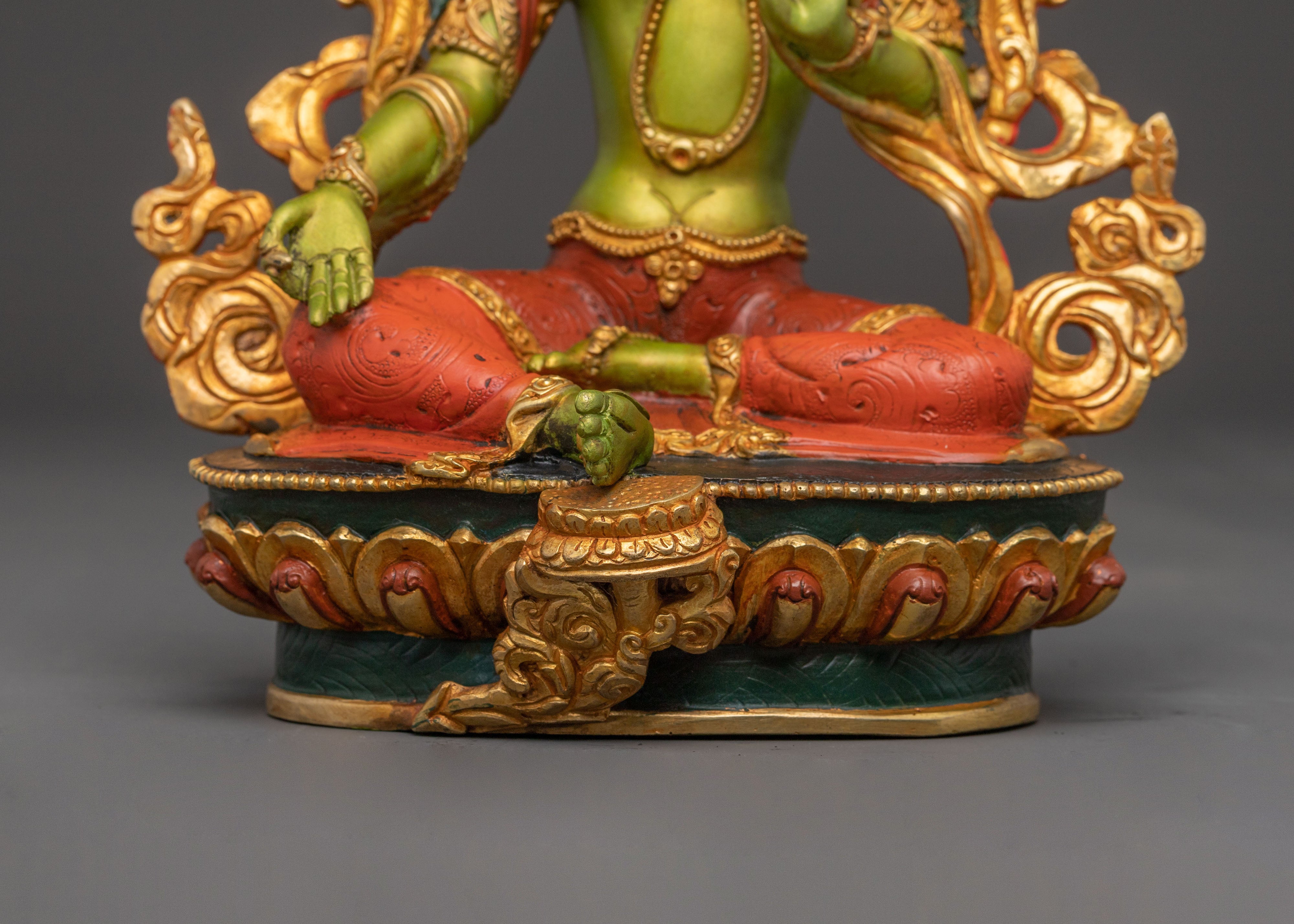 2k Gold Gilded Green Tara Statue - Sacred Buddhist Art
