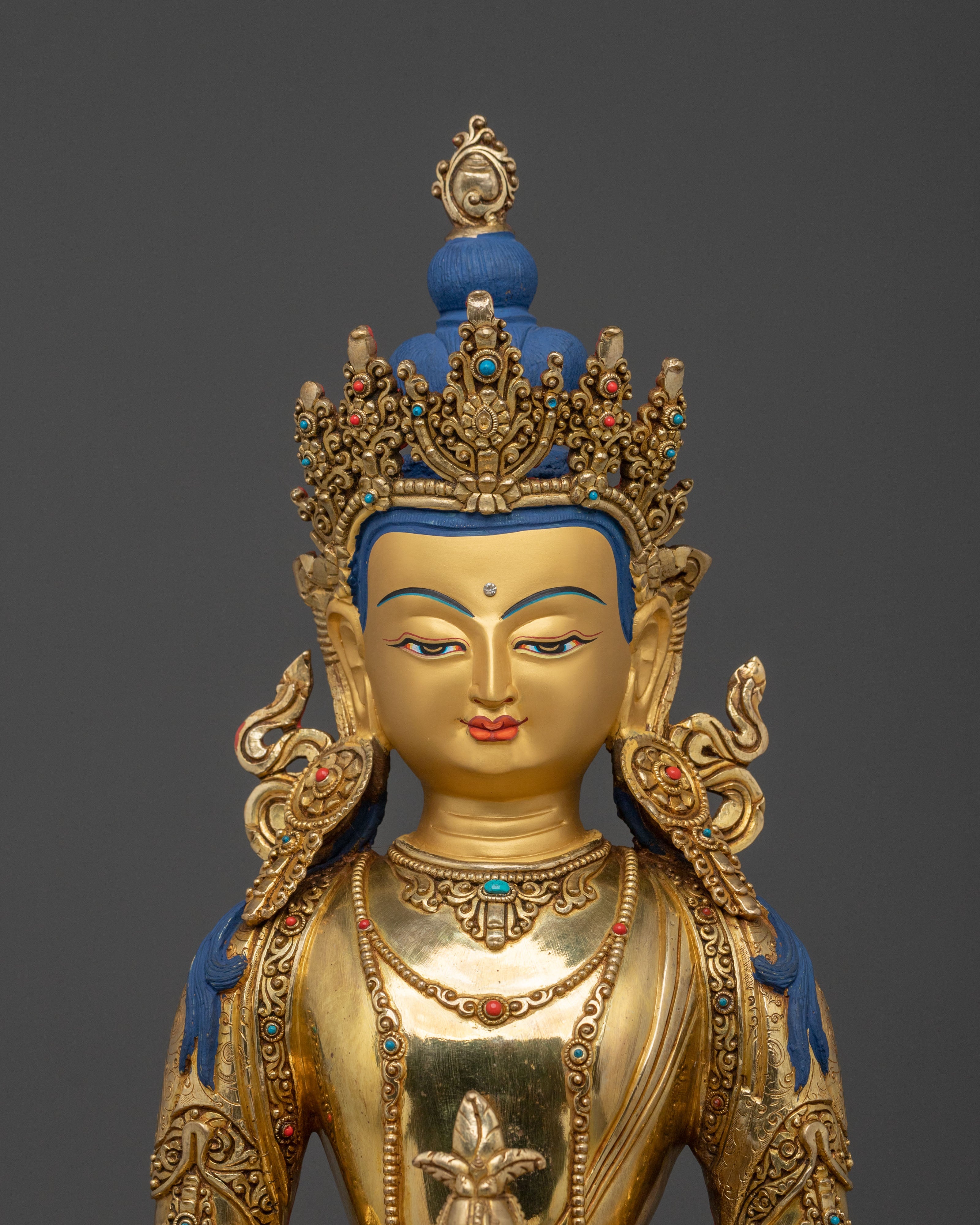 Tibetan Amitayus Traditional Sculpture in 24K Gold