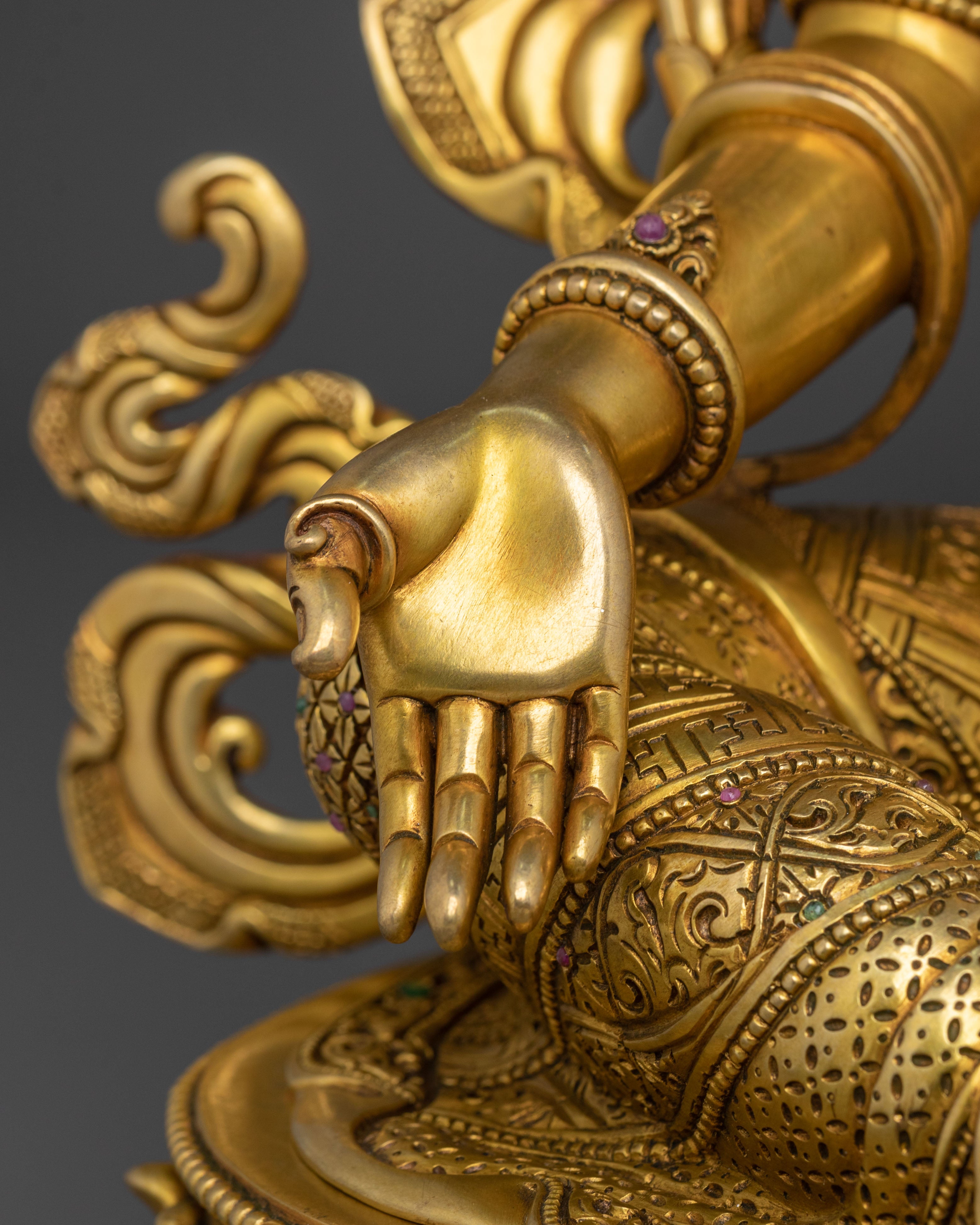 Tibetan Goddess Sculpture of Green Tara | 24K Gold Gilded Compassion Statue