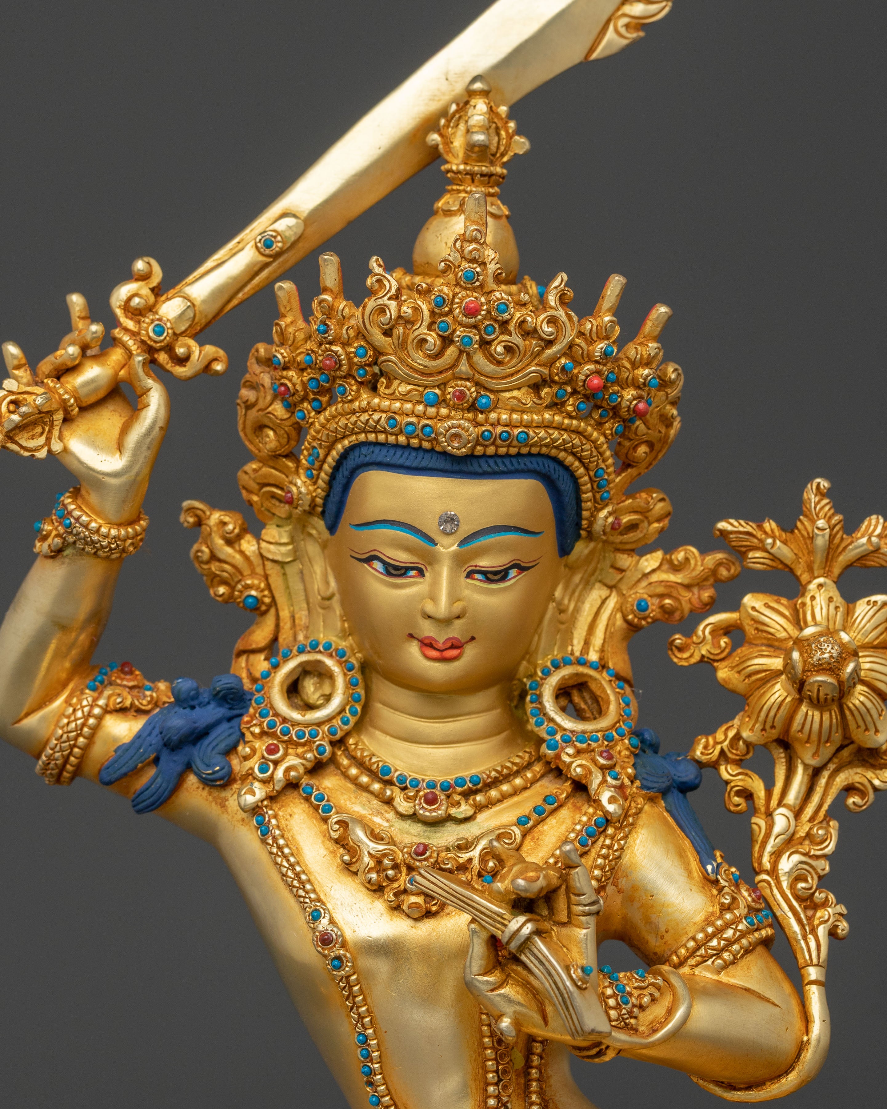 Manjushri Idol: 24K Gold Gilded Sacred Figurine