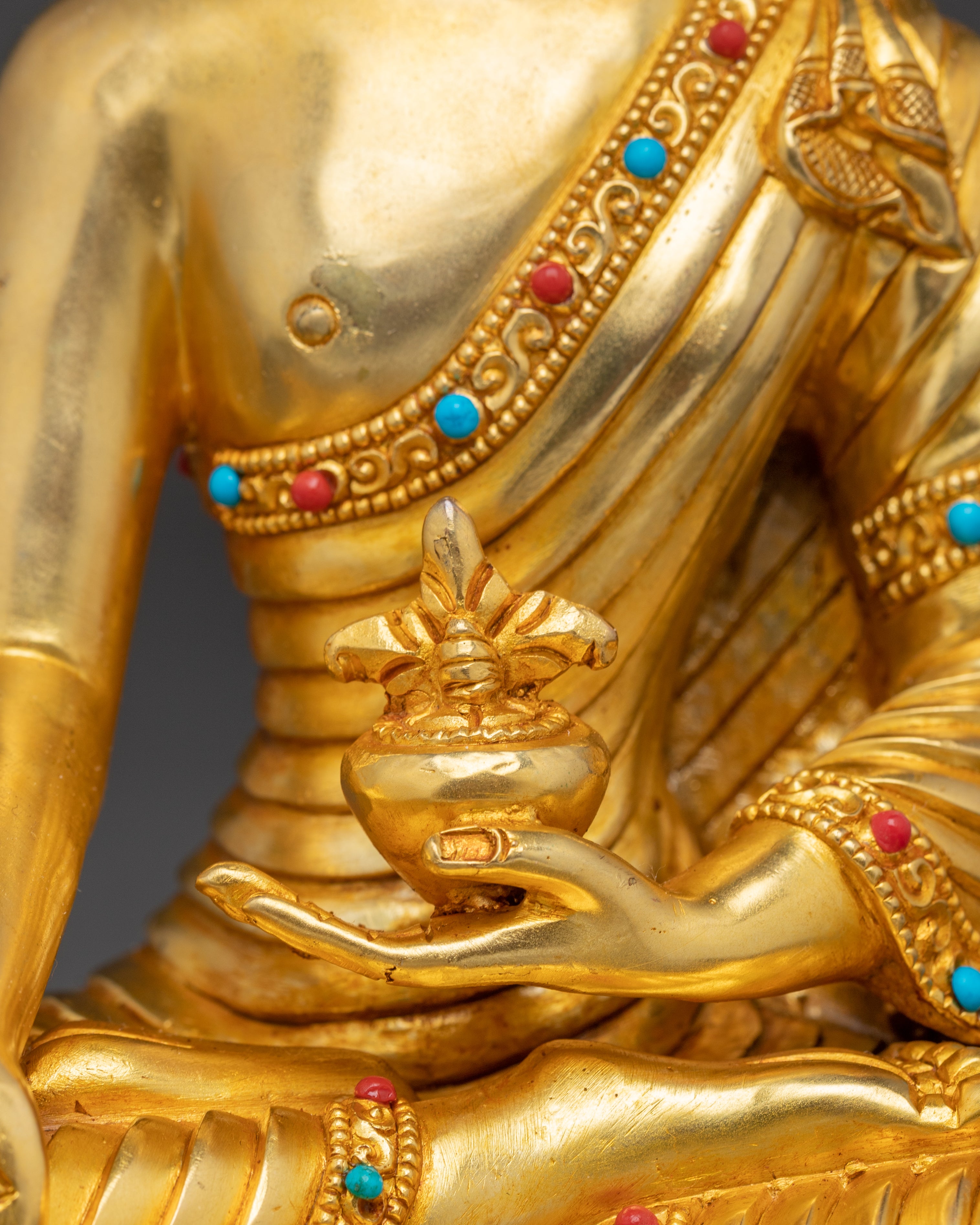 Himalayan Handmade Three Buddha Statue Set: 24K Gold Gilded