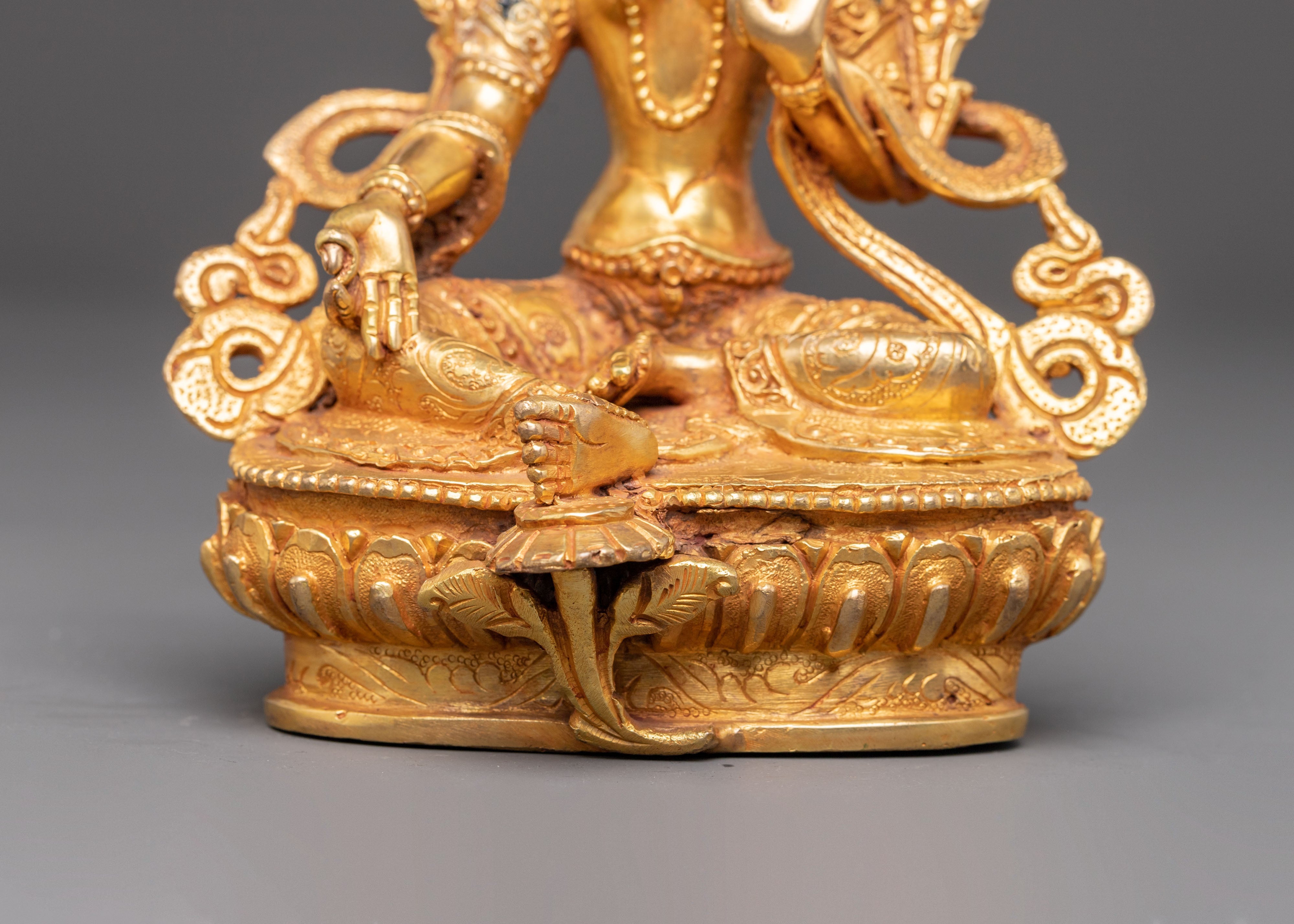 Green Tara Golden Handcrafted Statue | Goddess of Compassion