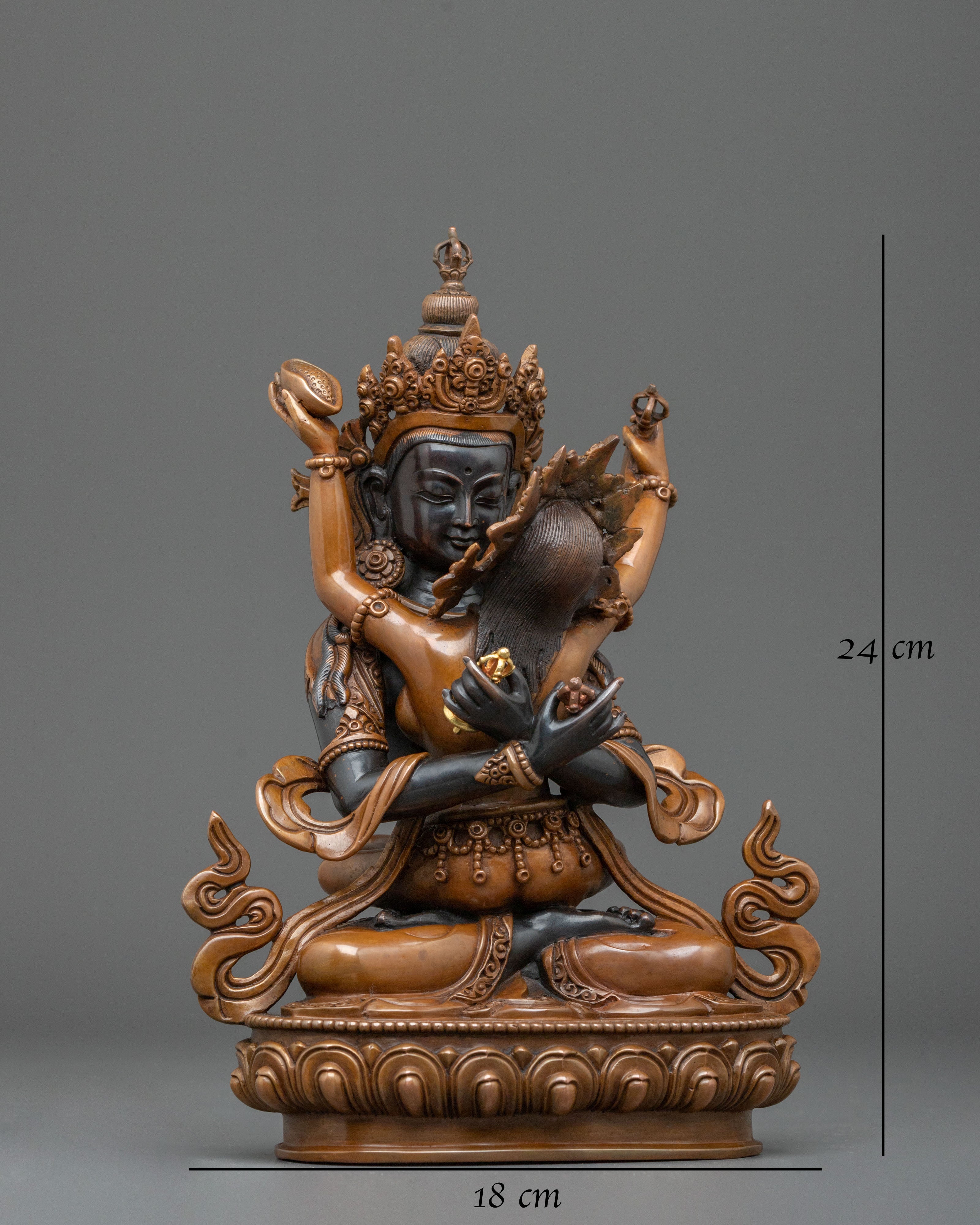 Vajradhara Sacred Sculpture with Consort: Oxidized Copper Staue