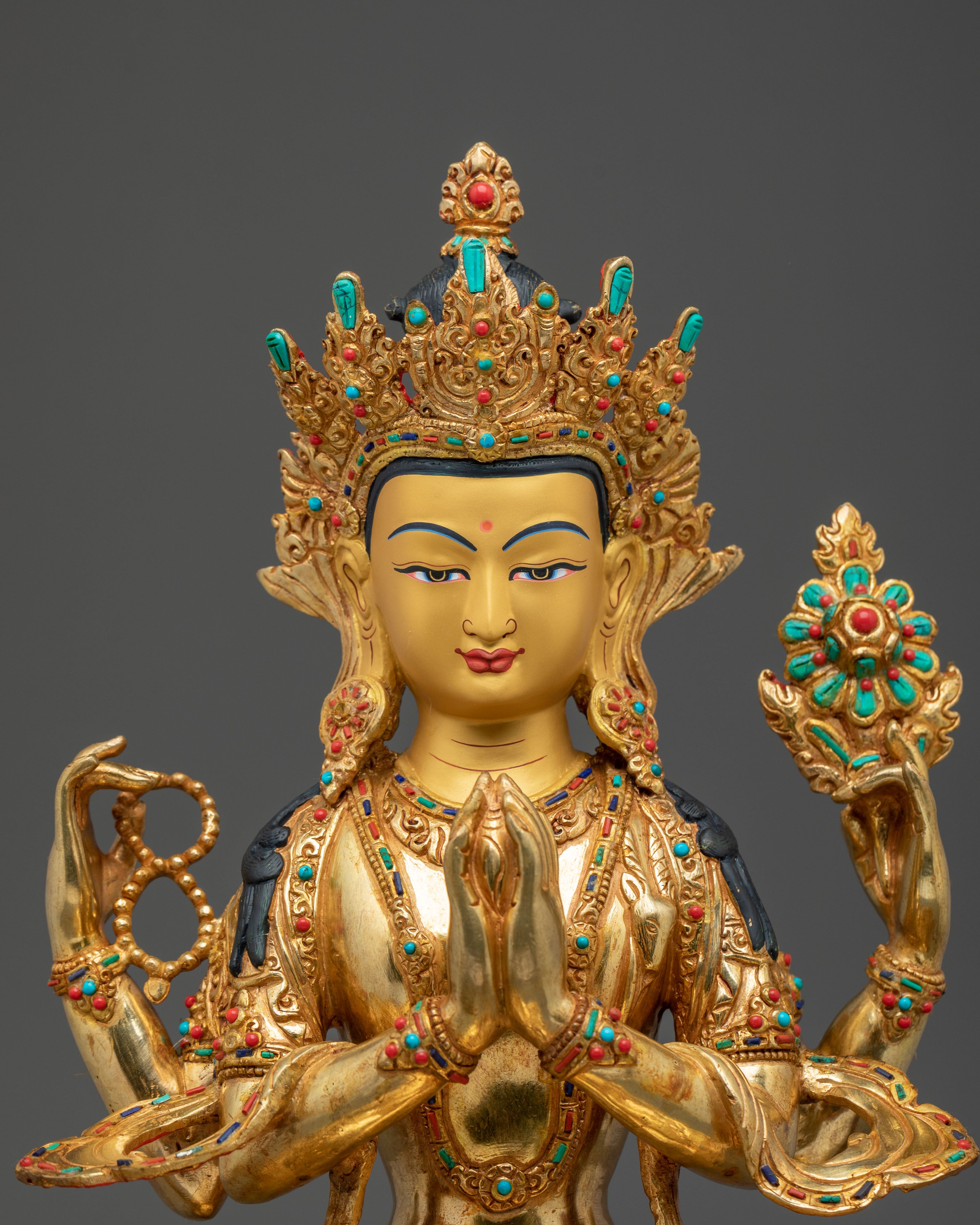 Radiant 24K Gold Gilded Chenrezig Statue: Bodhisattva of Compassion