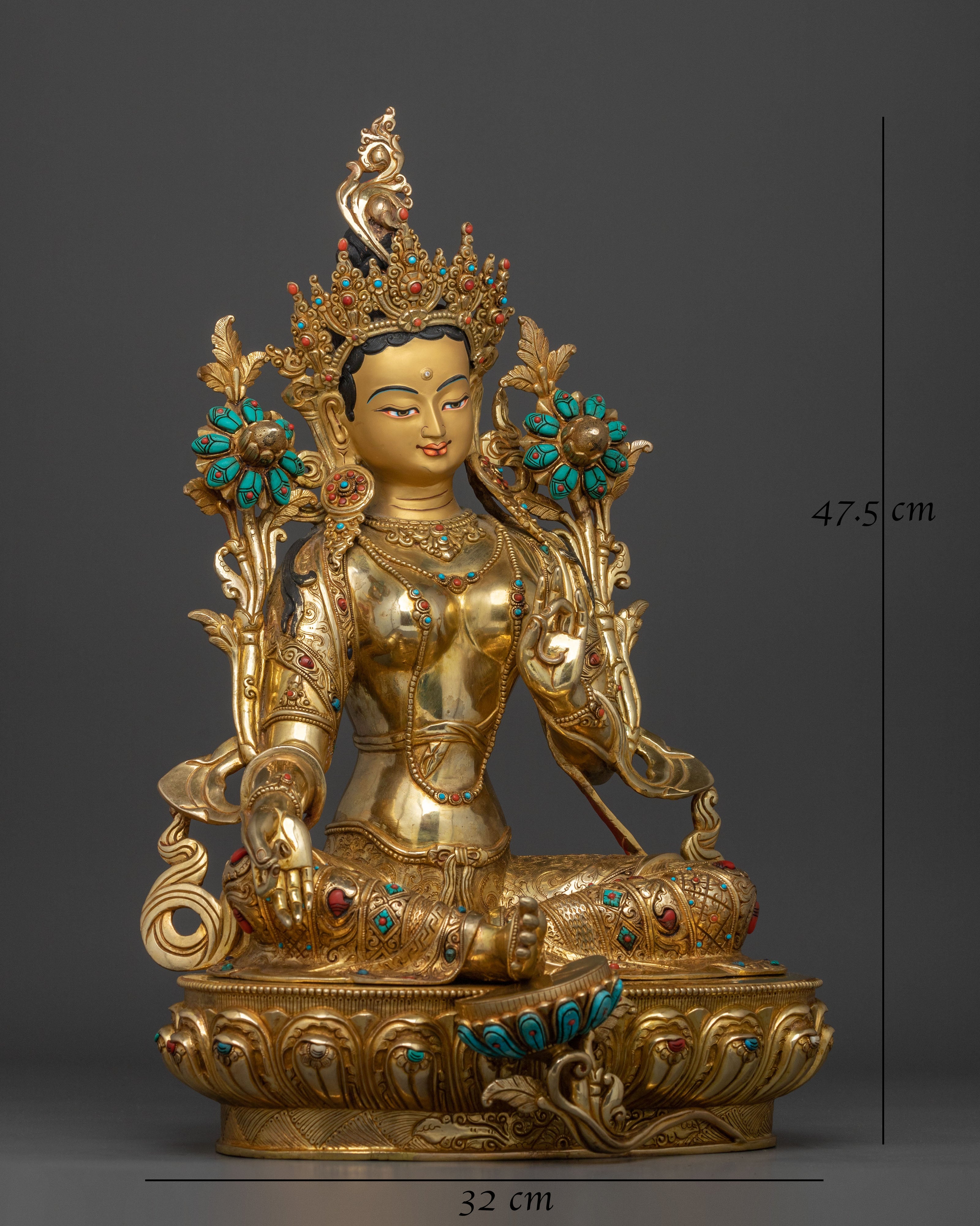 Green Tara Hand Carved Sacred Statue with 24K Gold Glided