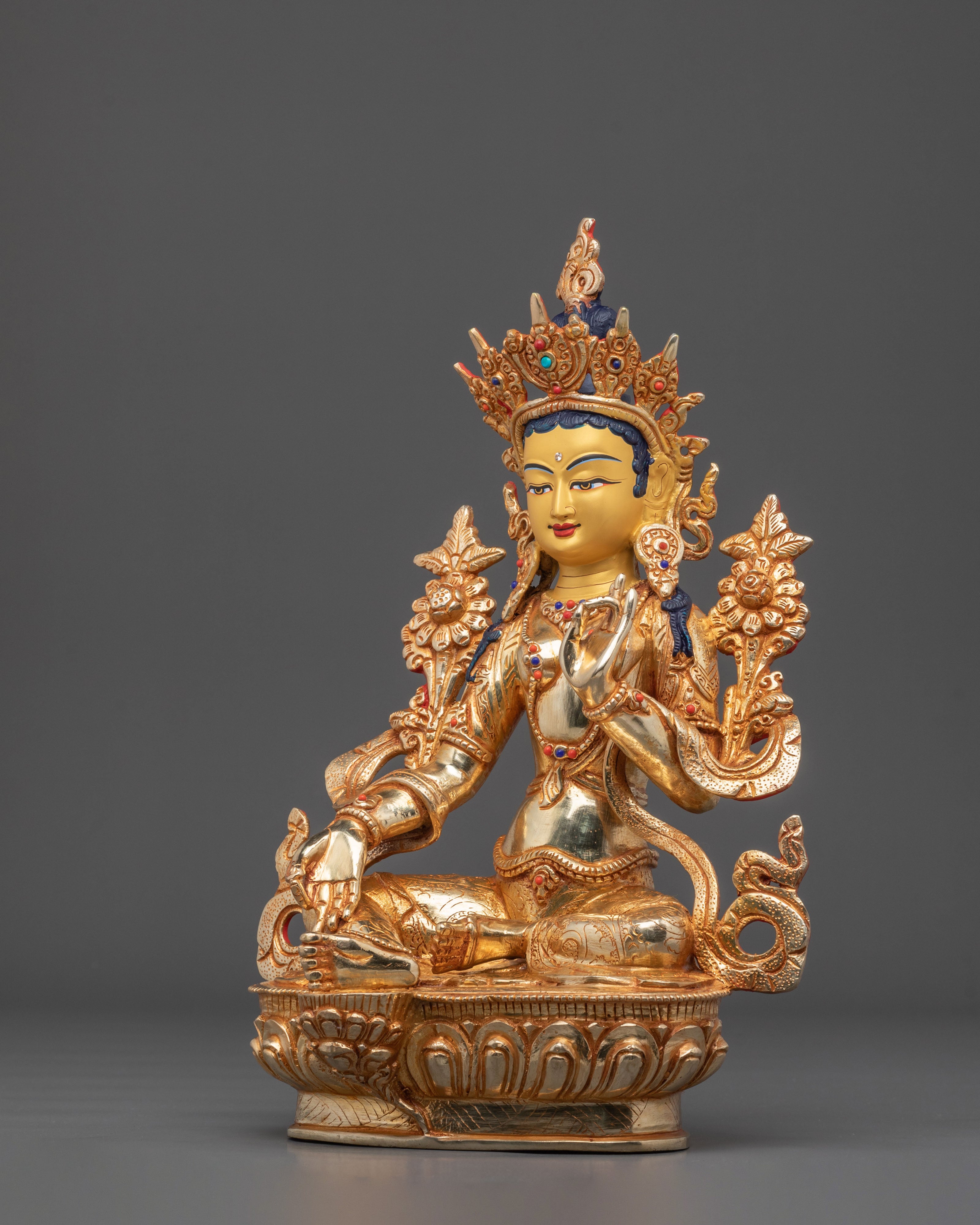 Green Tara Sculpture | Serene 24K Gold Gilded Artistry