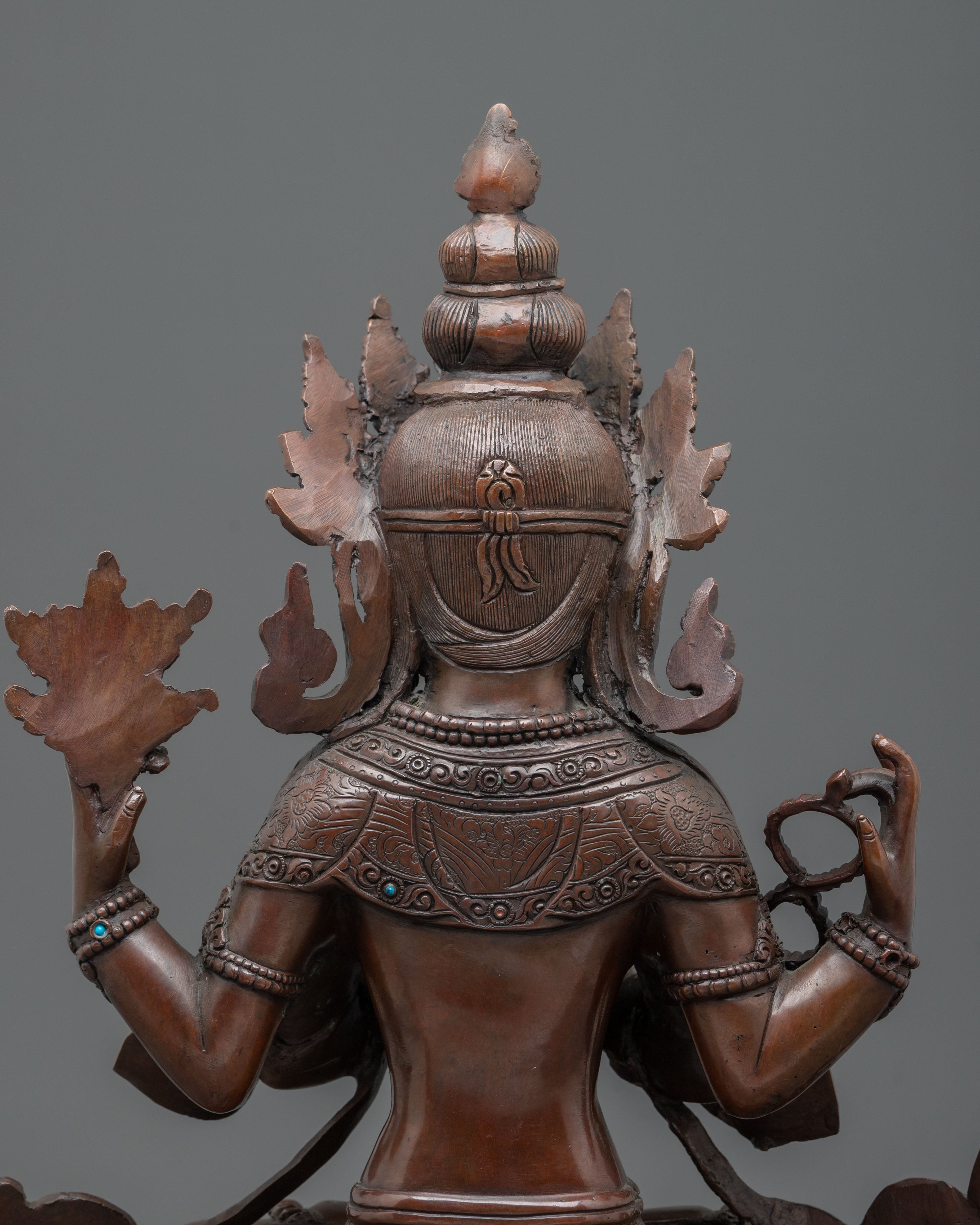 Chenrezig Oxidized Copper Statue Adorned with Gemstones