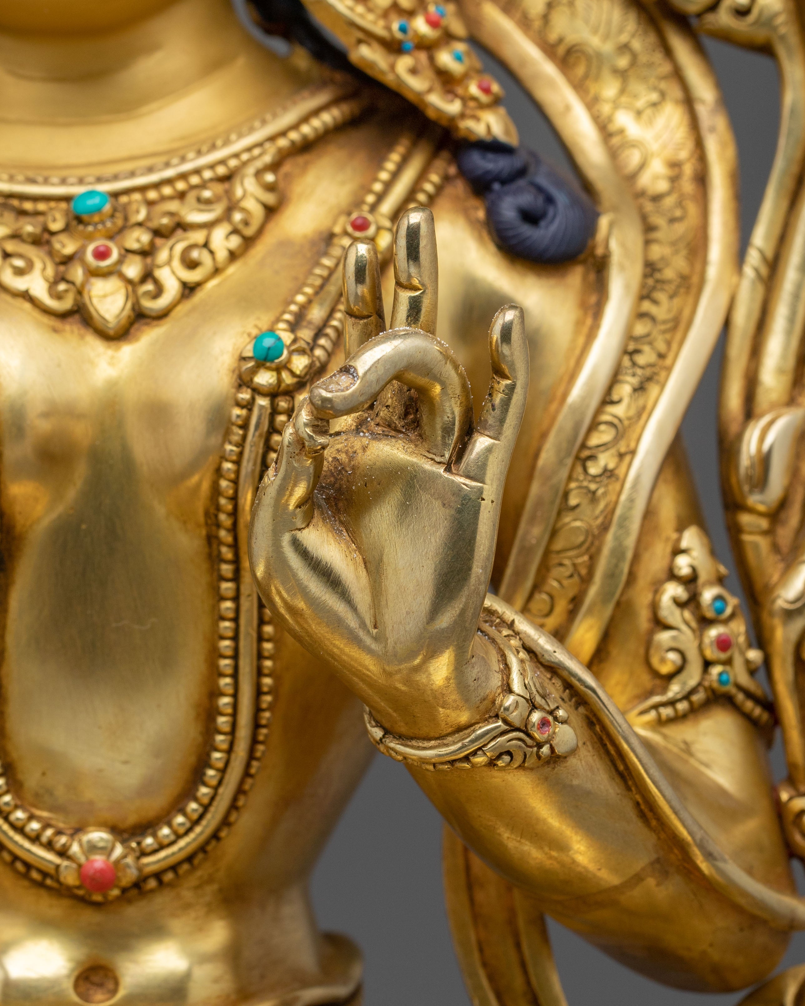 16-Inch Sacred Green Tara 24K Gold Gilded Copper Gemstone Statue