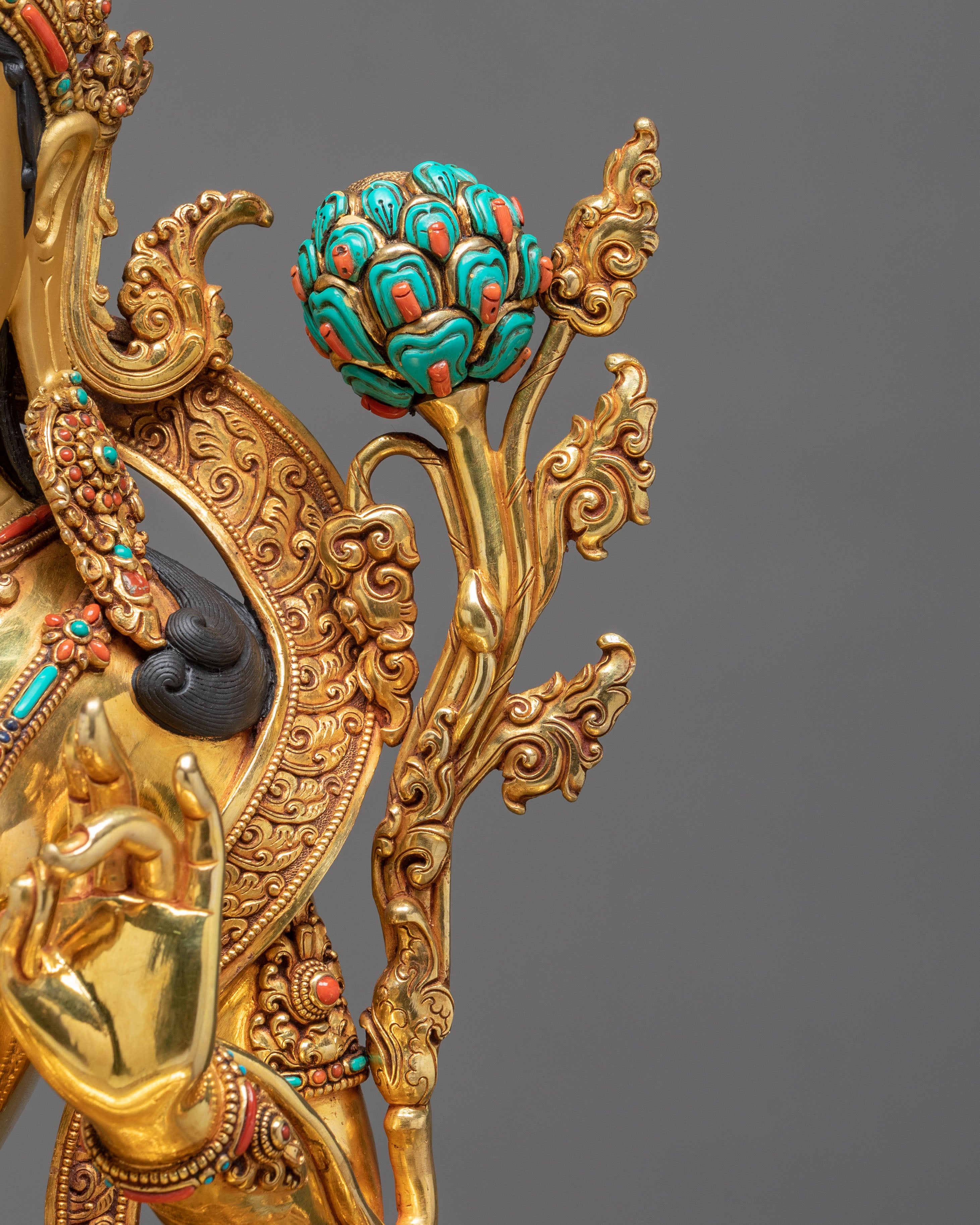 Green Tara Figurine on Throne | Buddhist Goddess Copper Statue