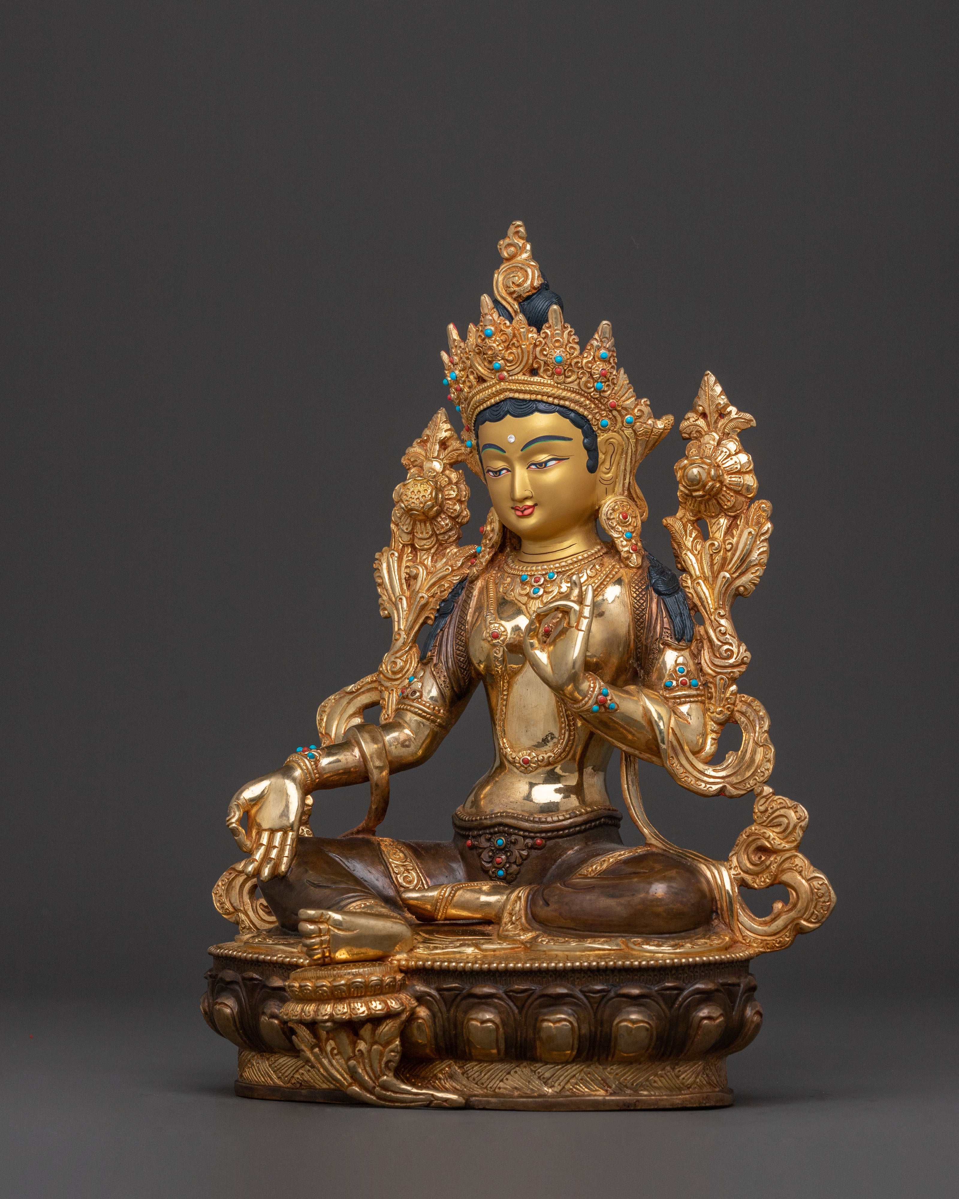 Green Tara: 24K Gold Gilded Statue