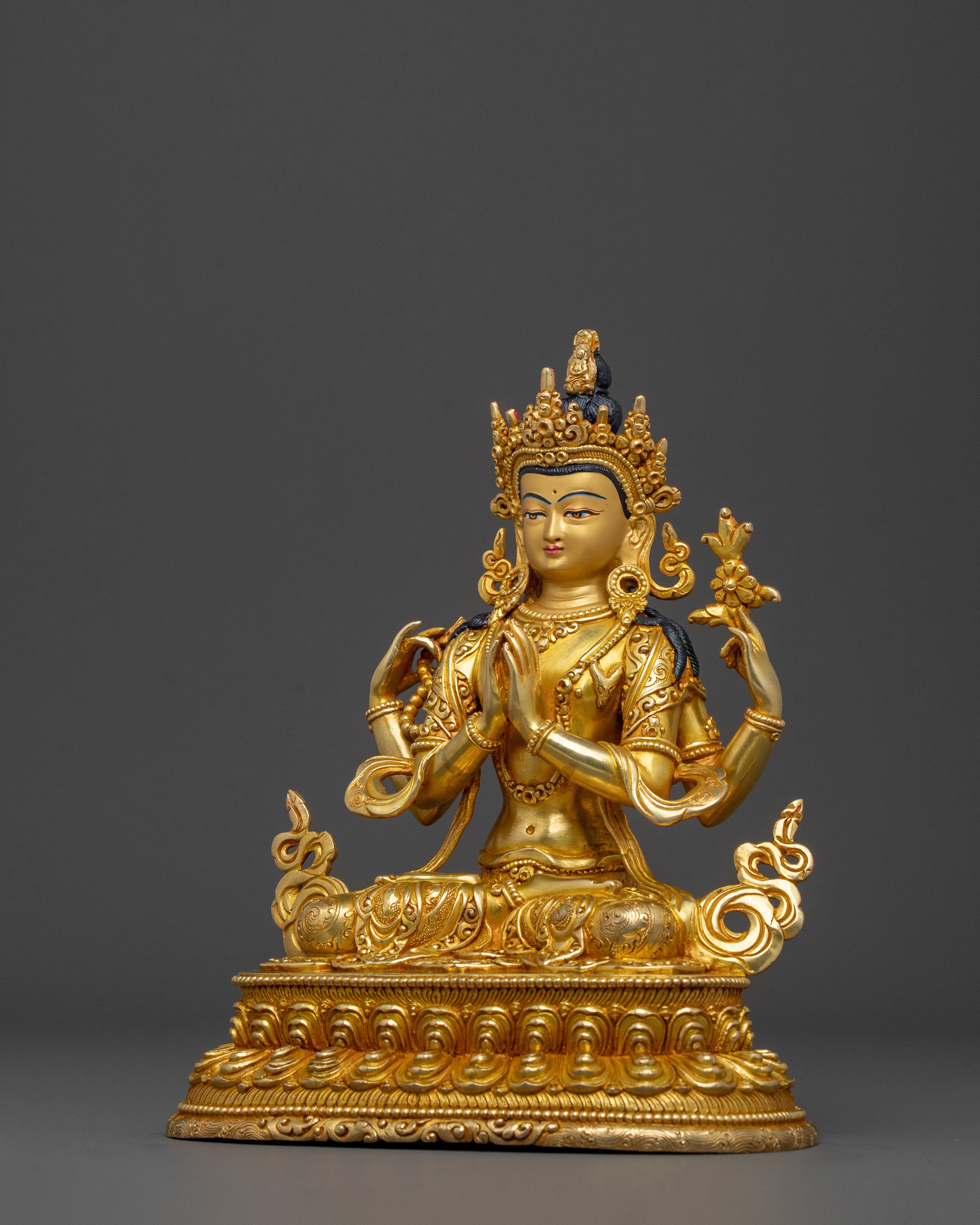 Sacred Chenrezig Four Armed Compassion Statue | 24K Gold Gilded