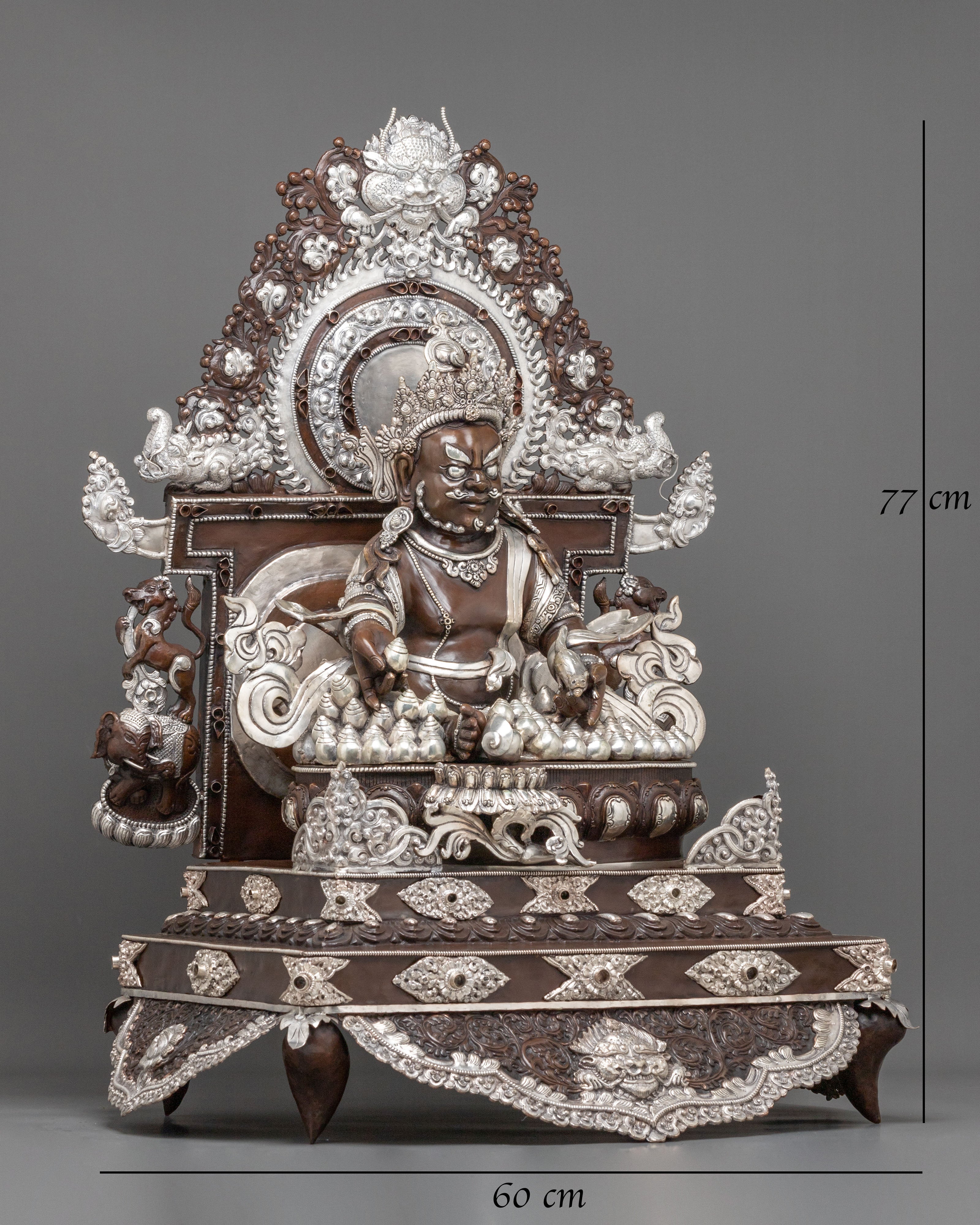 Dzambhala Statue on Throne | Oxidized Copper Figurine with Silver Plating
