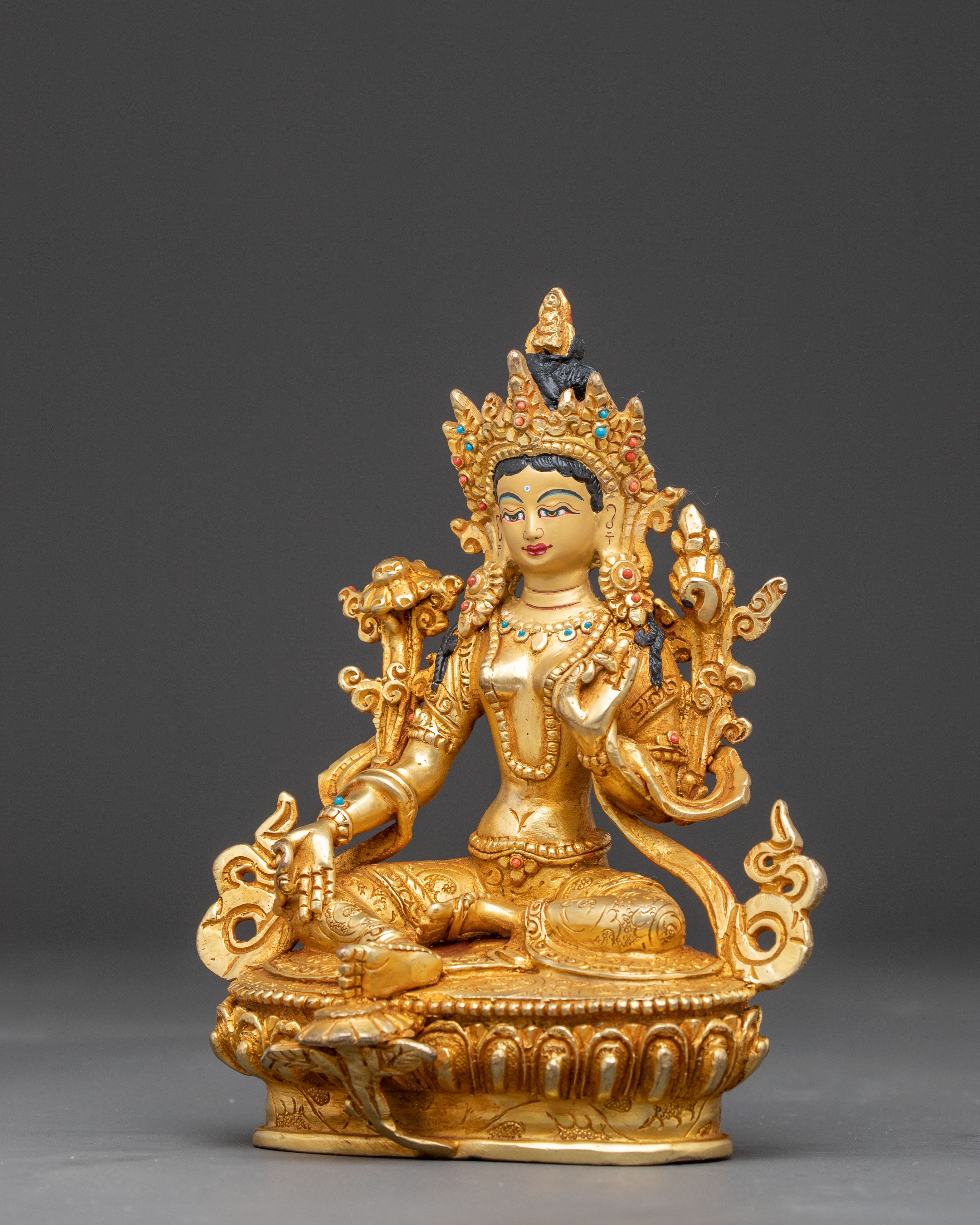 Handmade Serene Copper Sculpture of Mother Green Tara