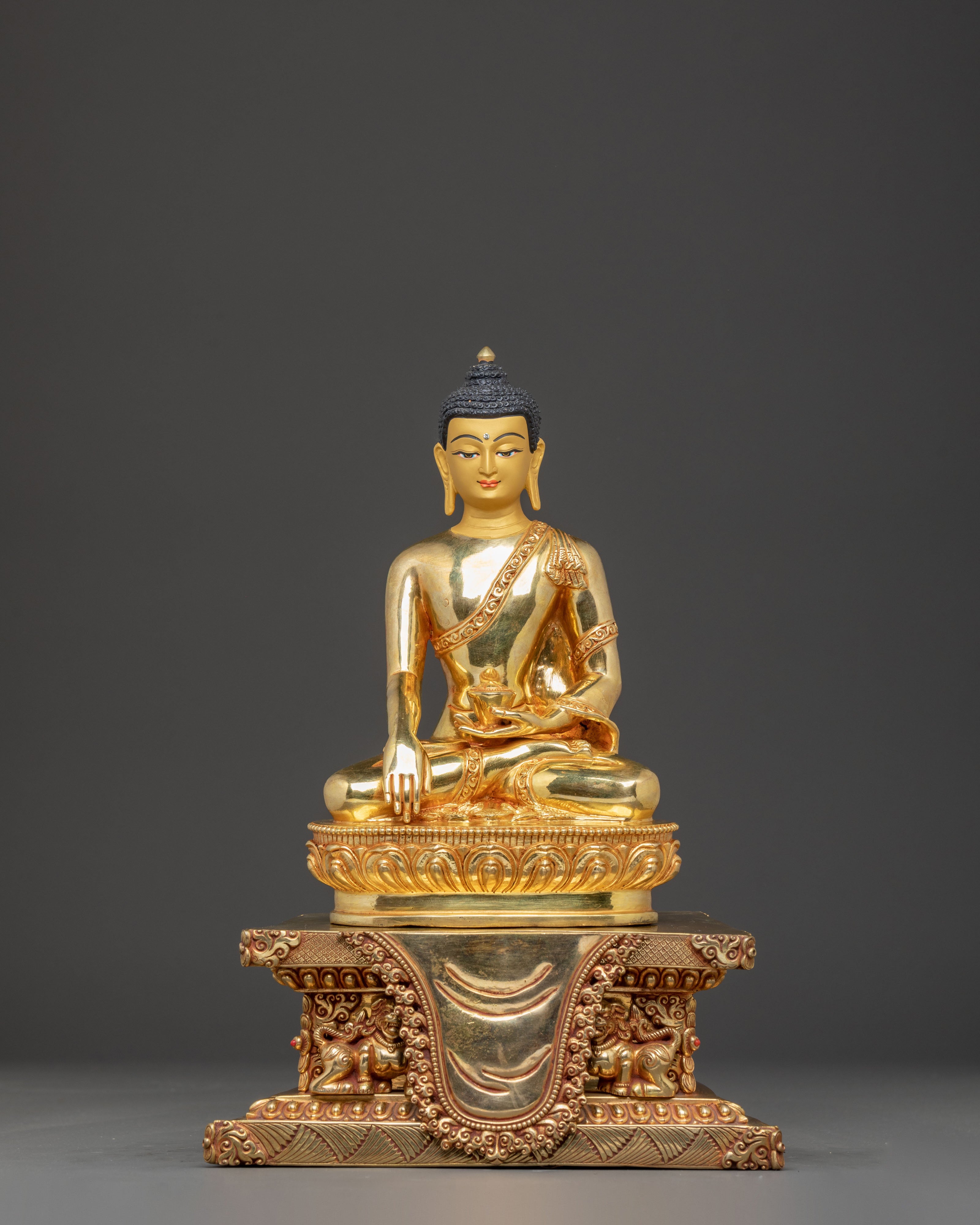 Handcrafted Sacred Statue of Shakyamuni Buddha on Throne | Peaceful Deity