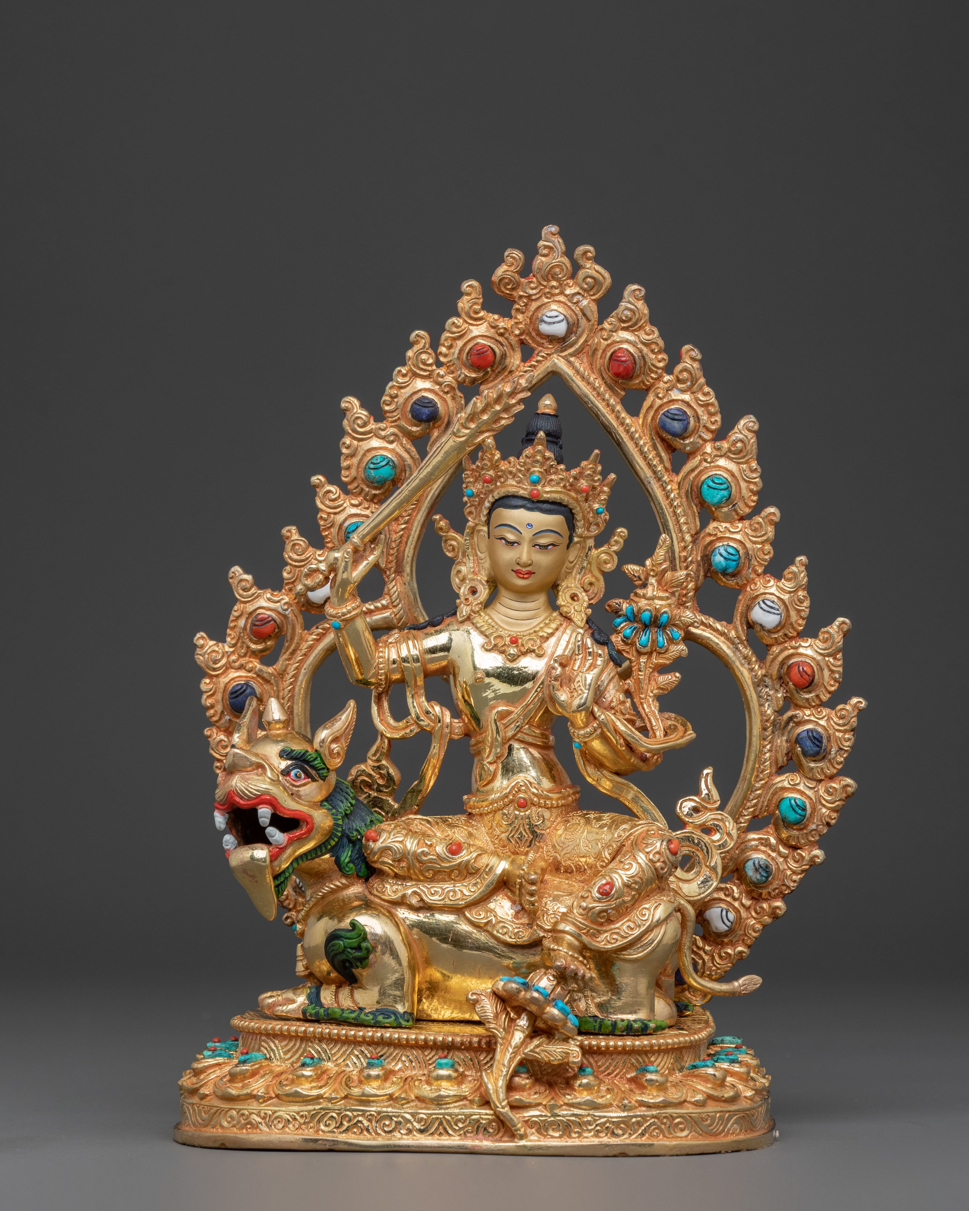 Simhanada Manjushri Wisdom Statue – Gold Gilded Copper Statue