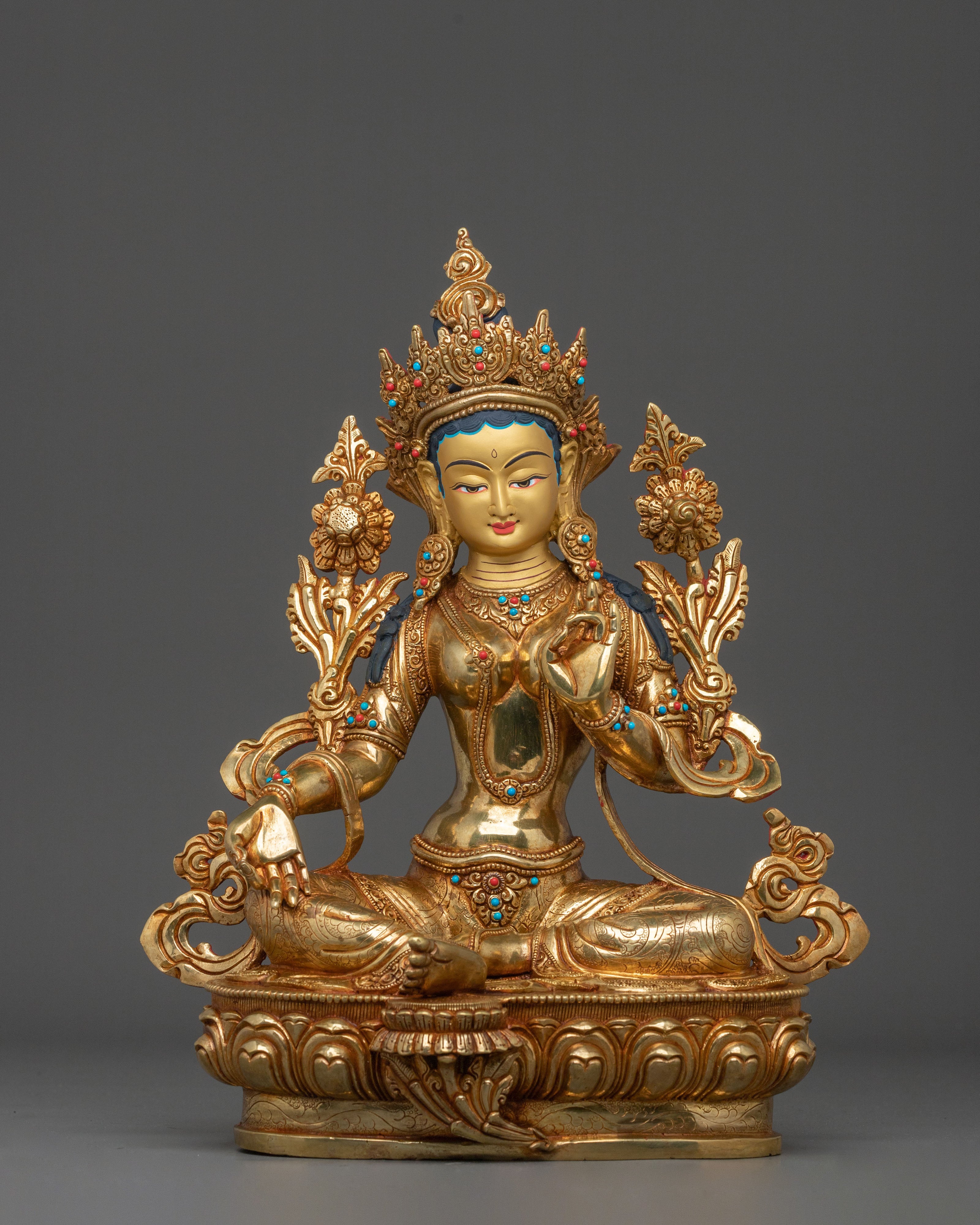 Green Tara Statue | Handcrafted 24K Gold Gilded Guardian